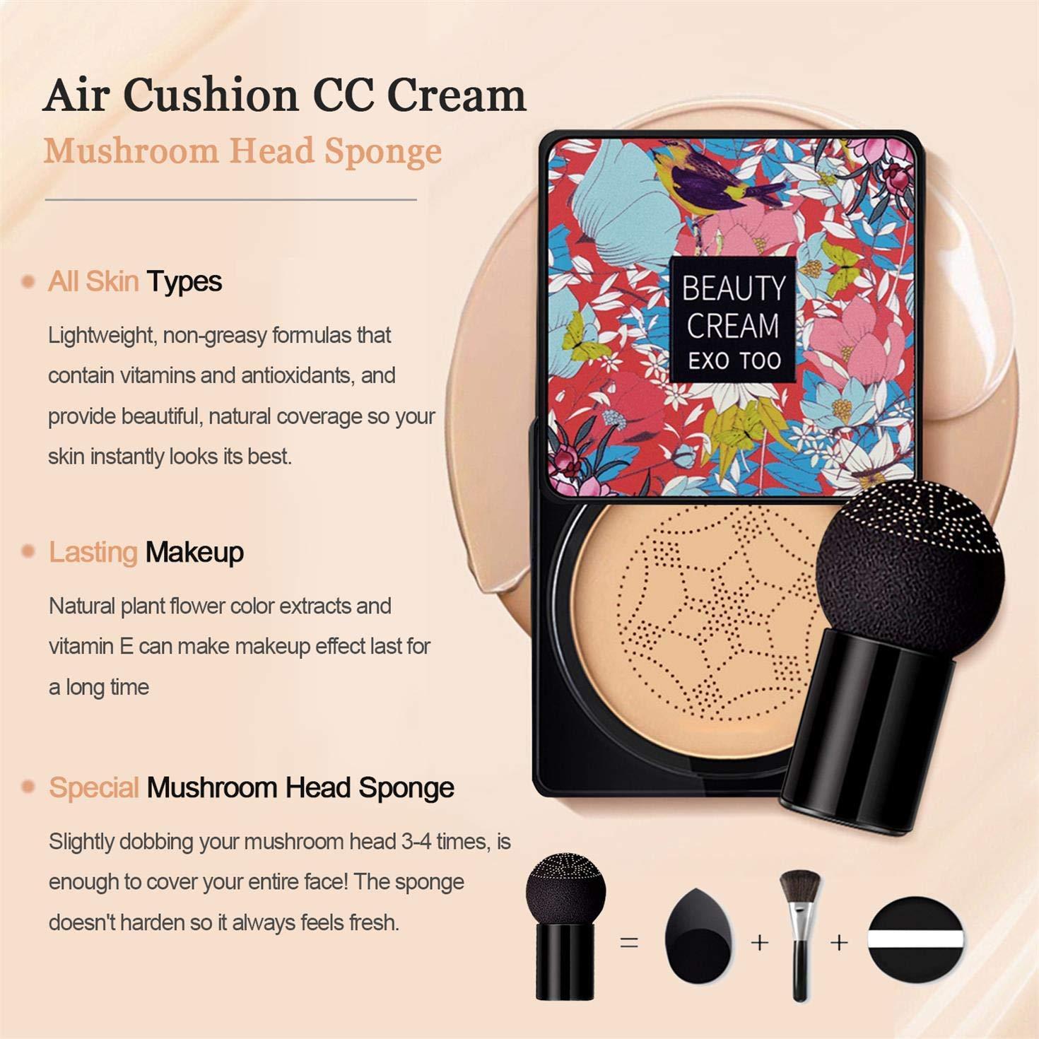 NUIBO 2PCS Mushroom Head Air Cushion CC Cream Foundation, Beauty Cream EXO TOO BB Cream, Moisturizing, Long Lasting, Matte, Light Weight, Waterproof Liquid Foundation with 2PCS Mushroom Head Sponges