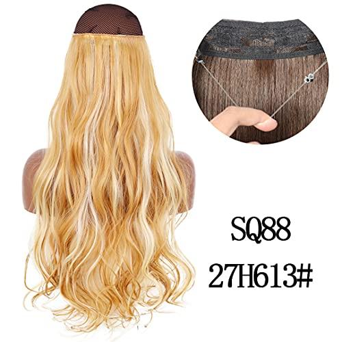 STREJHYT No Clip Halo Hair Extension Curly/Straight Secret Wire Natural Hidden Wire Synthetic Hair Pieces Adjustable Transparent Wire SQ88-27H613 22inches