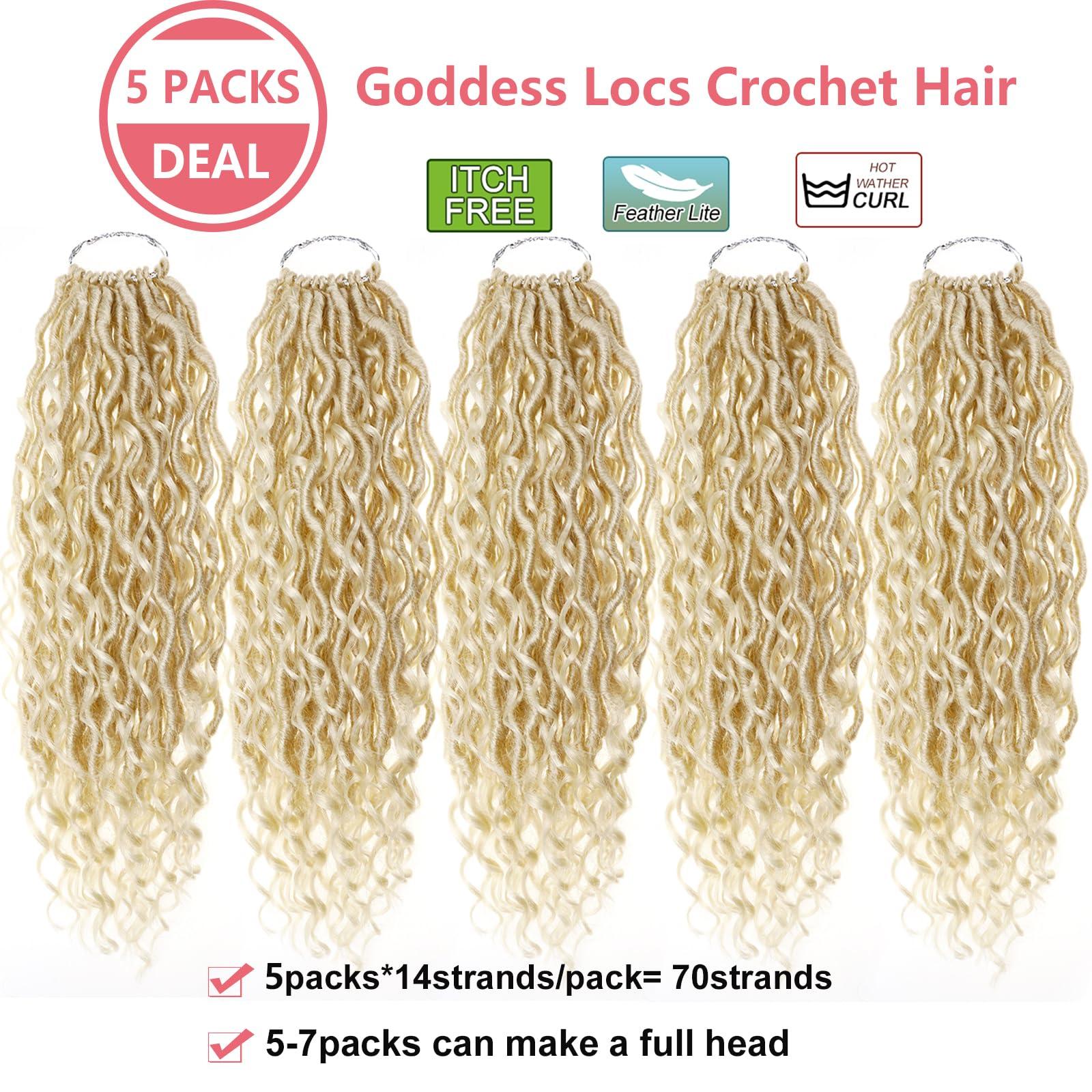 Ahrencan 613 Goddess Locs Crochet Hair,5 Packs 14 Inch Pre Looped Blonde Boho Goddess Faux Locs Crochet Hair With Curly Ends,Soft Hippie Locs Crochet Hair For Women Human Hair (14in,5packs, 613#)