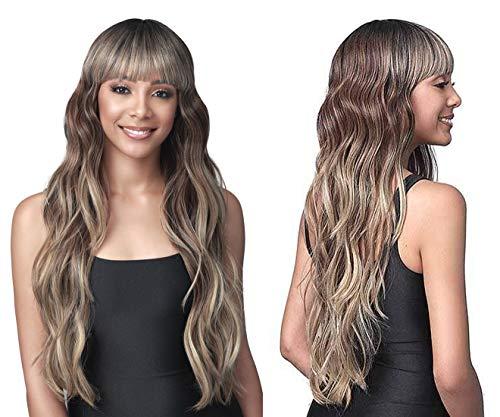 BOBBI BOSS BOBBI BOSS Long Curly Premium Synthetic Bang Wig ELODIE, Elegant Silky Natural Wavy Hair, Air Bangs, Natural Looking Heat Resistant Hair Replacement Wig for Party Cosplay (1B / Natural Black)