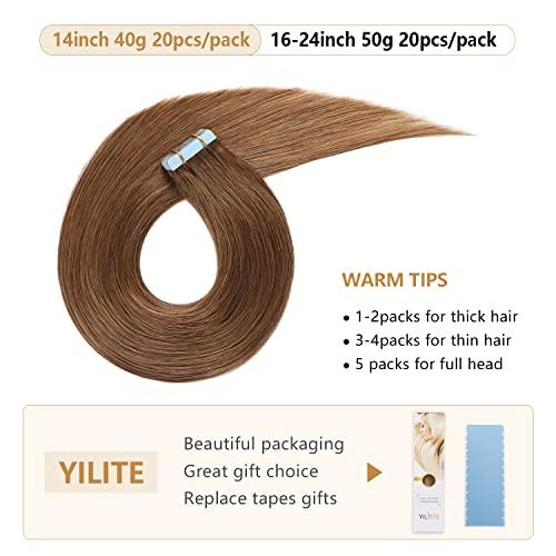 YILITE YILITE Tape in Human Hair Extensions 24 inches 20pcs 50g Straight Tape in Hair Extensions Human Hair Seamless Skin Weft #4 Medium Brown Tape in Human Hair Extensions24inches #4 Medium Brown