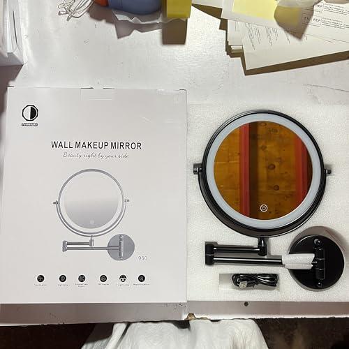 TUSHENGTU 9\" Large Black Wall Mount Magnifying Mirror With Light, TUSHENGTU 3000mAh Rechargeable Lighted Makeup Vanity Mirror Wall Mounted Swing Arm,10X/1X Magnifying Vanity Mirror for Bathroom 360Double Sided