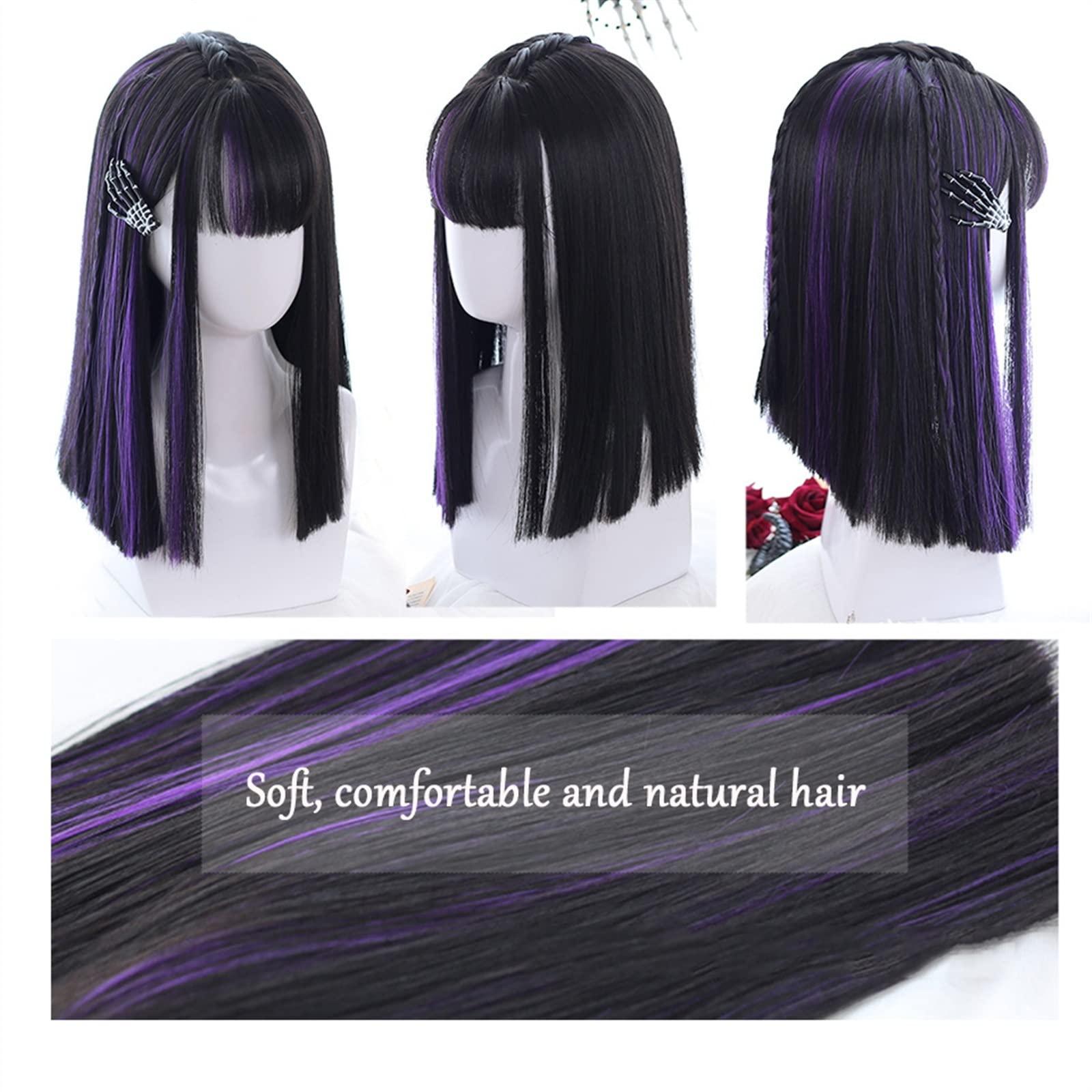 GRFIT Wigs Medium Length Straight Hair Wig with Bangs, Synthetic Purple Highlights Black Bangs Wig Natural Looking Daily Cosplay Party Wig for Women Girls Lace Wigs