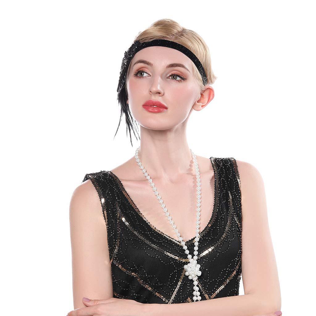 Aimimier Aimimier 1920s Flapper Feather Headband with Veil Black Beaded Sequined Costume Headpiece with Elastic Band Carnival Party Roaring Hair Accessories