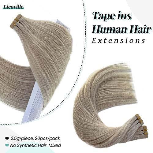 Licoville Ice Blonde Tape in Extensions 100% Real Remy Human Hair 18 Inch 50grams 20pcs Double Sided Invisible Tape in Icy Blonde Hair Extensions Silky Straight Can be Curled