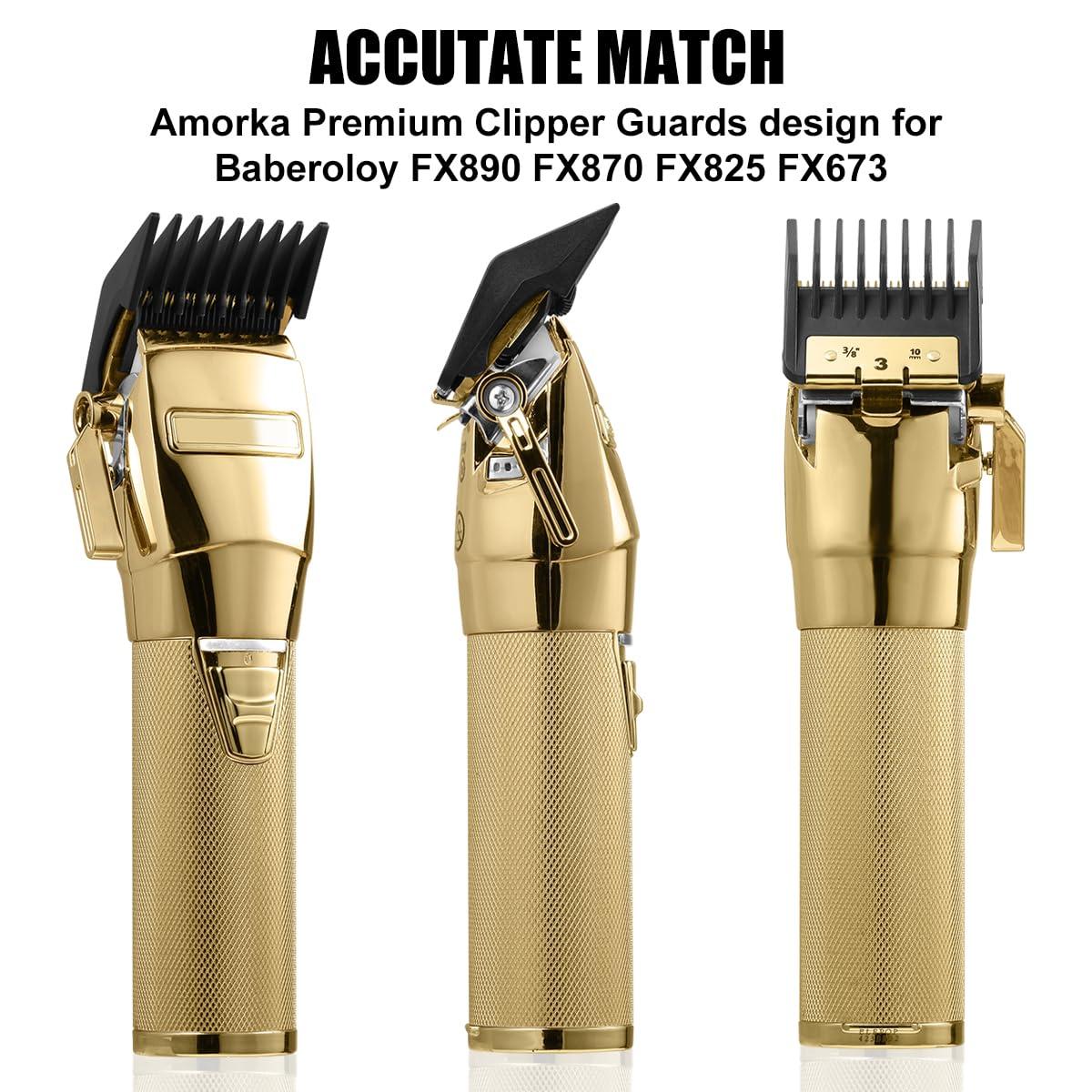 Amorka 8 Pack Premium Clipper Guards Fit for BaBylissPRO Barberology FX870, FX890, FX825, and FX673 Clippers, Replacement Guards with Metal Clip - From 1/16-3/4 inch Snap on Comb Set for Babyliss Clippers