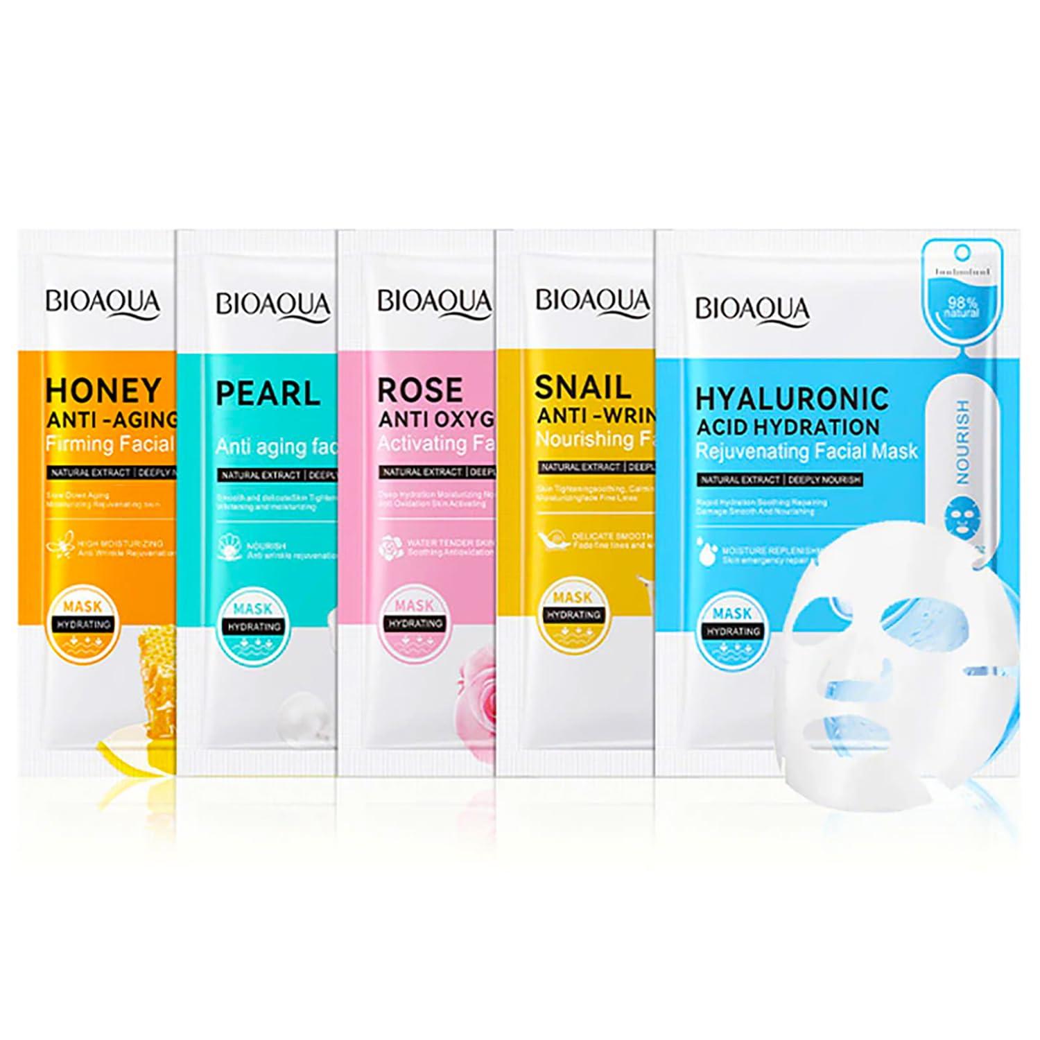 BIOAQUA BIOAQUA Facial Mask Firming Deeply Nourish Moisturizing 98% Natural Extract Hydrating Face Mask 5PCS Set (One Of Each (5PCS))