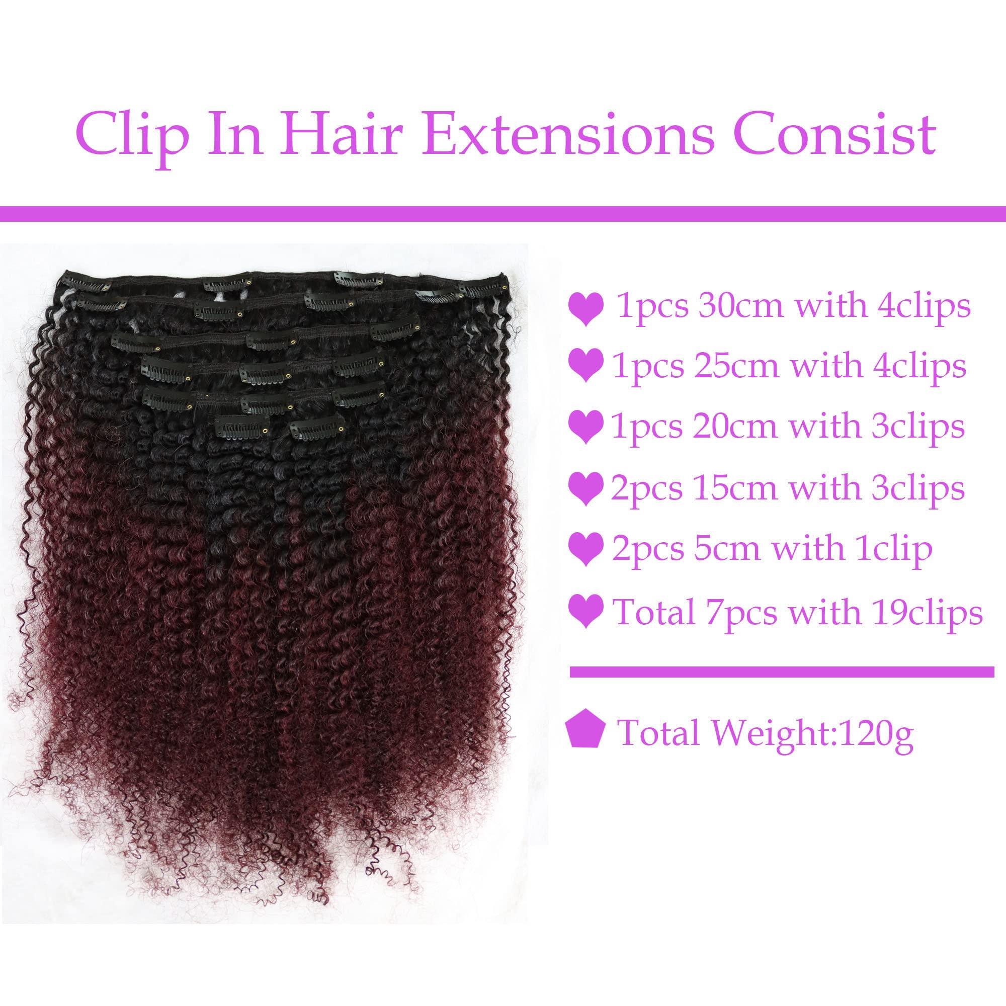 IXTUYLL IXTUYLL Virgin Human Hair Clip In Extensions 4C Afro Kinky Curly Kinky Straight 120 Grams Clip Ins Hair Extensions Real Human Hair Curls (T(#1B/99J) Afro Curly Clip In Hair, 12 Inch 120g)