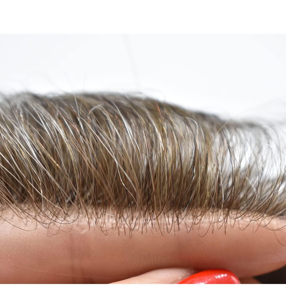 F M FACE MIRACLE NEW YORK Mens Toupee Hairpiece Natural Hairline V-Looped Invisible Ultra Thin Skin Full Poly Pu Human Hair Replacement System Wig FACE MIRACLE (8 * 10, 530 5# MEDIUM LIGHT BROWN WITH 30% SYNTHETIC GREY)