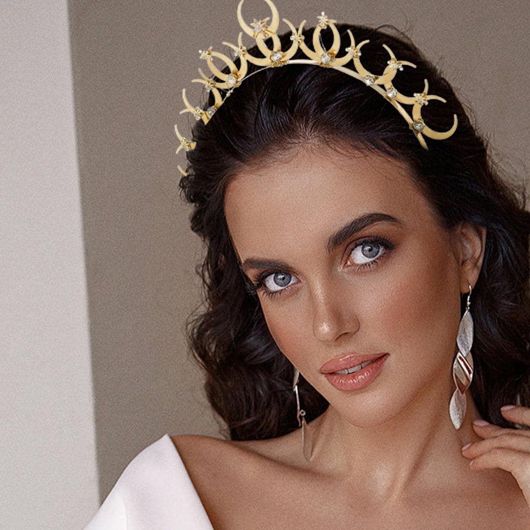 Urieo Urieo Rhinestone Moon Crown Headband Gold Star Headpiece Crystal Tiara Headbands Parties Hair Accessory for Women