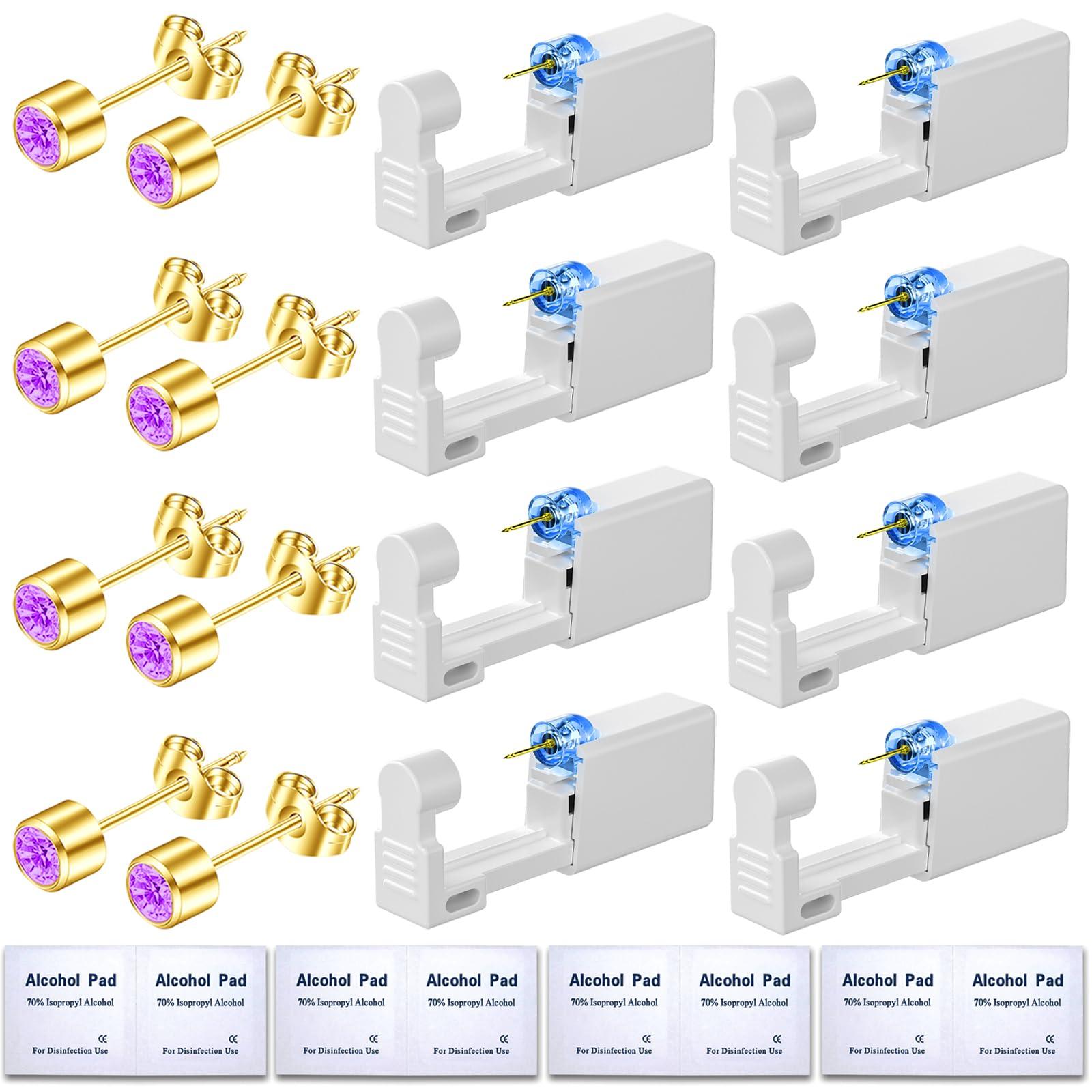 Novopiercing Get the Perfect Ear Piercing with 24 Pcs Premium Ear Piercing Kit - Includes 8 Purple CZ Diamond Earrings and 8 Easy-to-Use Self Ear Piercing Gun - Safe and Painless