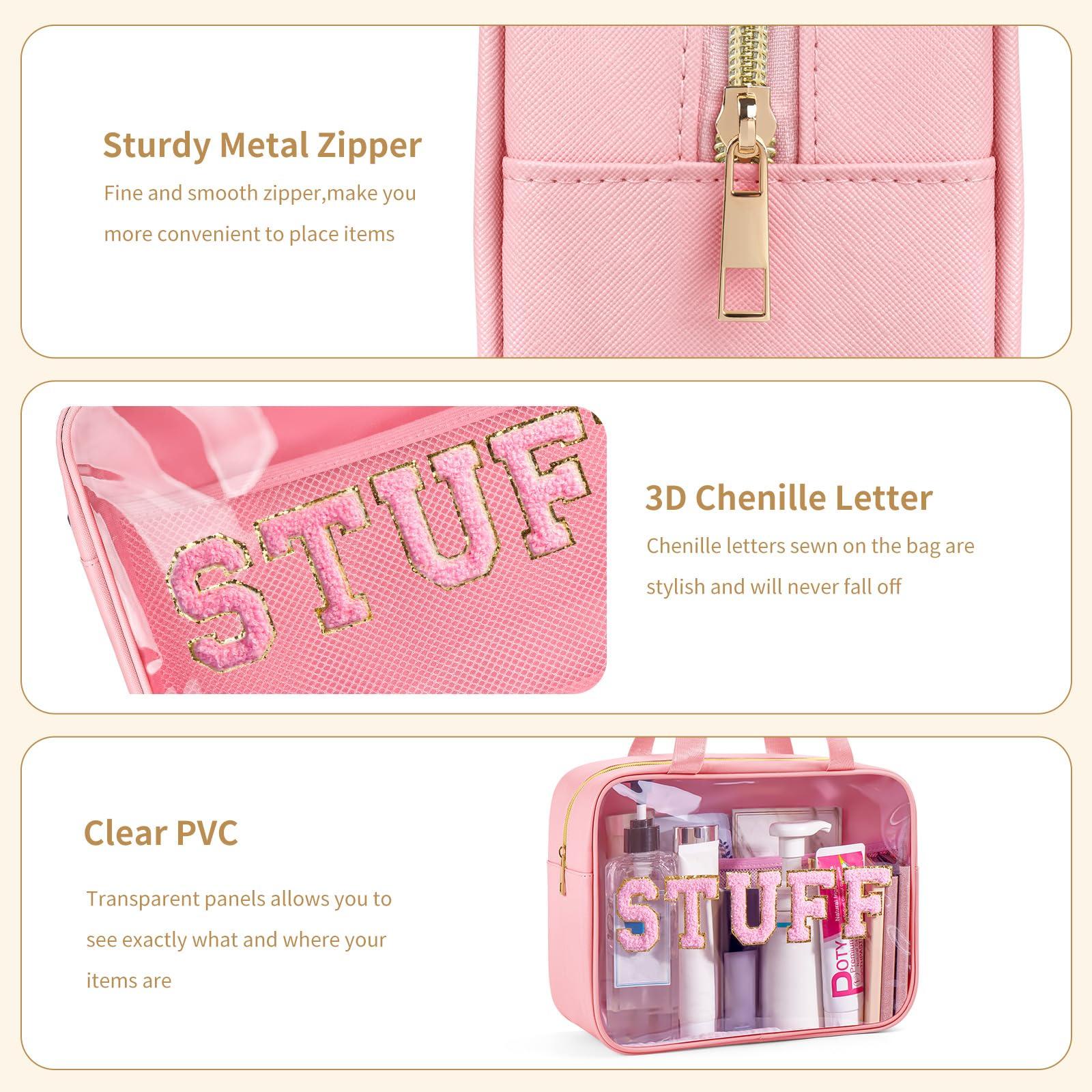 Glitzcharm Glitzcharm Clear Makeup Bag Transparent Cosmetic Bag Organizer for Women Waterproof Travel Toiletry Bag Portable Make up Bag with Chenille Letter, Large, Pink