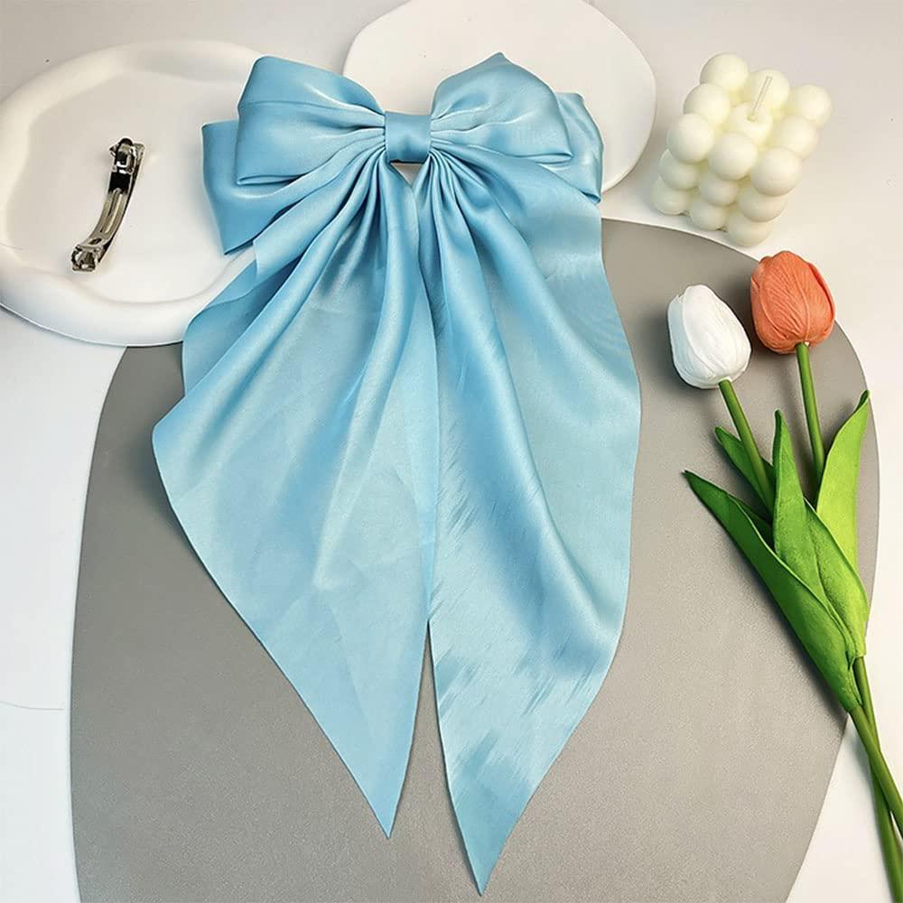 SALOCY SALOCY Blue Hair Bows,2 PCS Satin Hair Bows Clip Big Blue Bow for Women Hair Ribbons Long Tail Hair Bow Hair Barrettes for Wedding Prom Party Charm (Light Blue,Royal Blue)