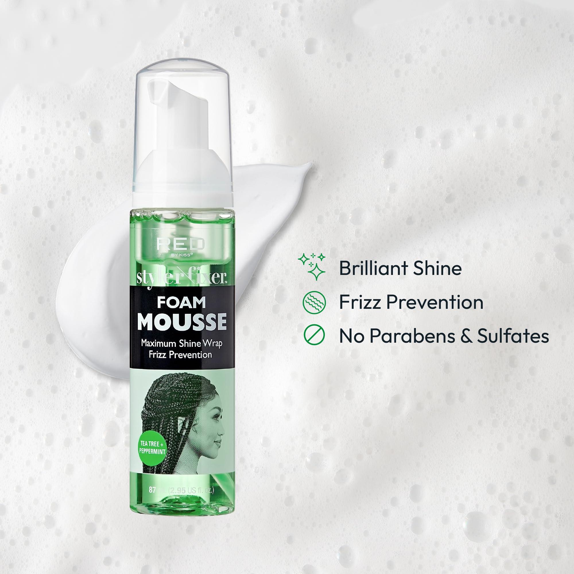 Red by Kiss Red by Kiss Foaming Mini Travel Size Mousse, Maximum Shine Wrap Mousse, Reduce & Prevent Frizz, Define Curls, Hold Styles, Nourishes Dry & Crips Hair (Tea Tree + Peppermint)