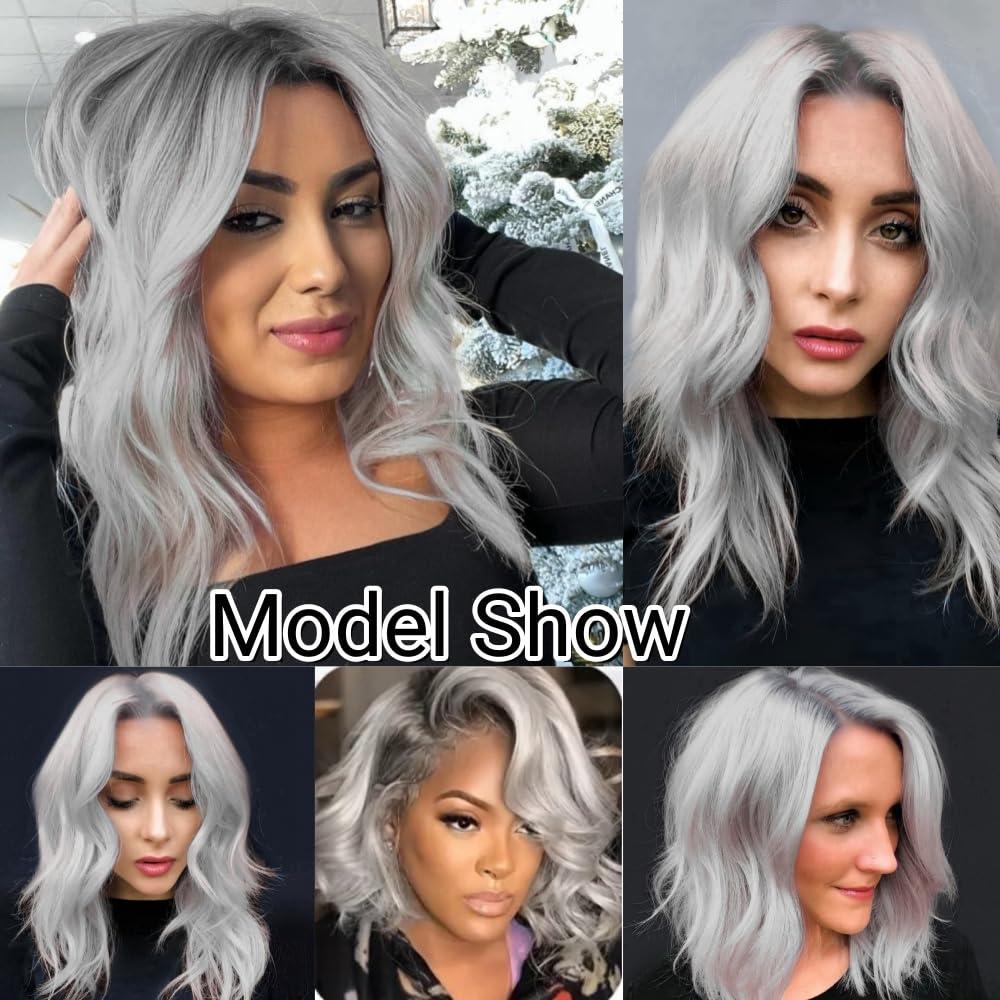 FENJUN HAIR FENJUN HAIR Ombre Silver Grey Wig Human Hair Dark Roots Wet and Wavy Lace Front Wigs for Black Women Body Wave Ash Blonde Wig Glueless Pre plucked Ombre Gray Wigs for White Women 150% Density 14 Inch