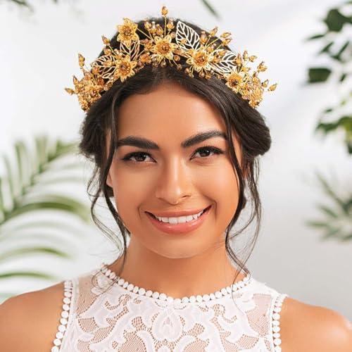Woeoe Woeoe Crystal Queen Headband Gold Bridal Headpiece Women Headwear with Combs for Bride Wedding Birthday Party