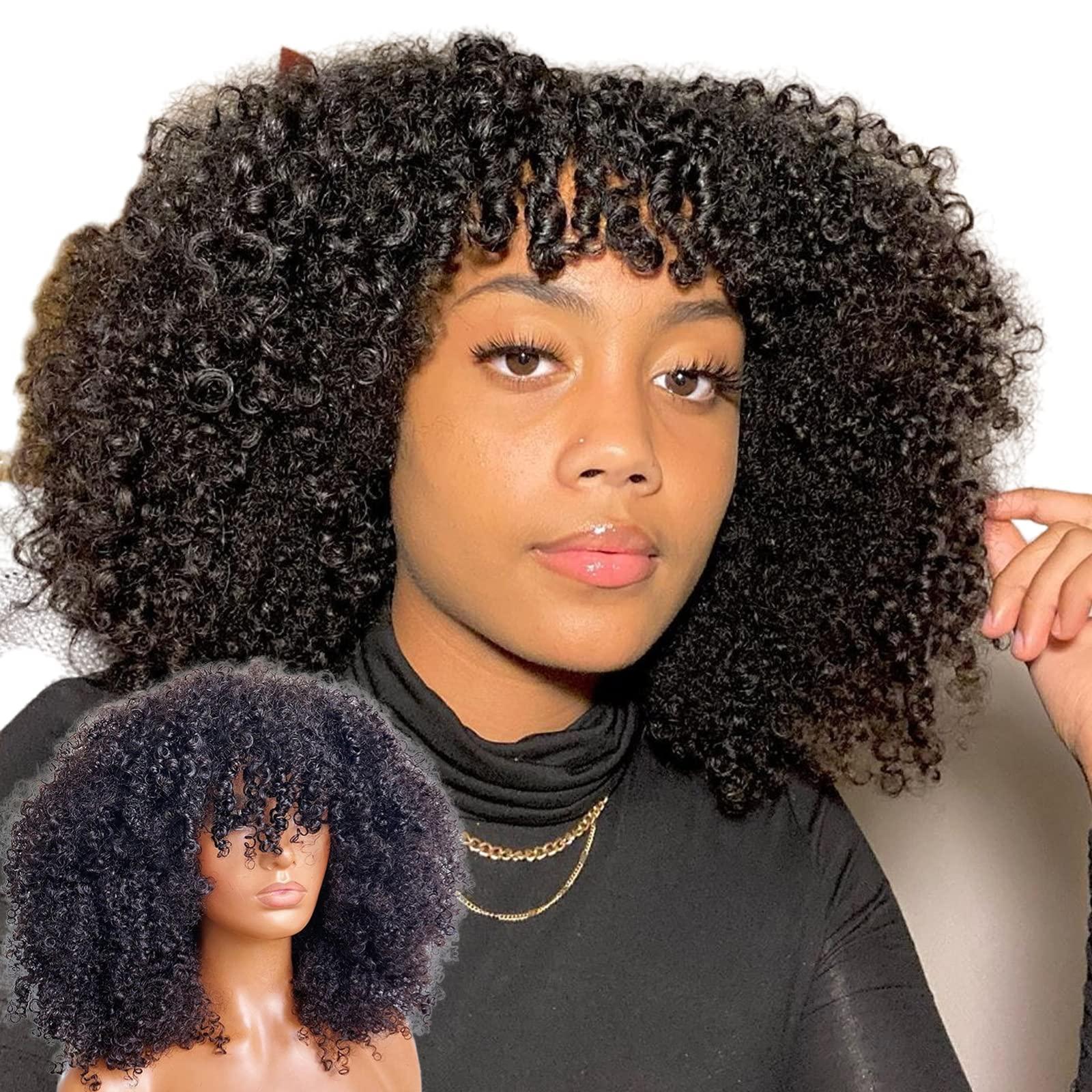 Fabutio Afro Kinky Curly Mongolian Human Hair Wig For Black Women 200% Density Glueless Bob Fake Scalp Wig Natural Black Brazilian Hair Fringe Unit Thick Girls African Hairstyle 24 Inch
