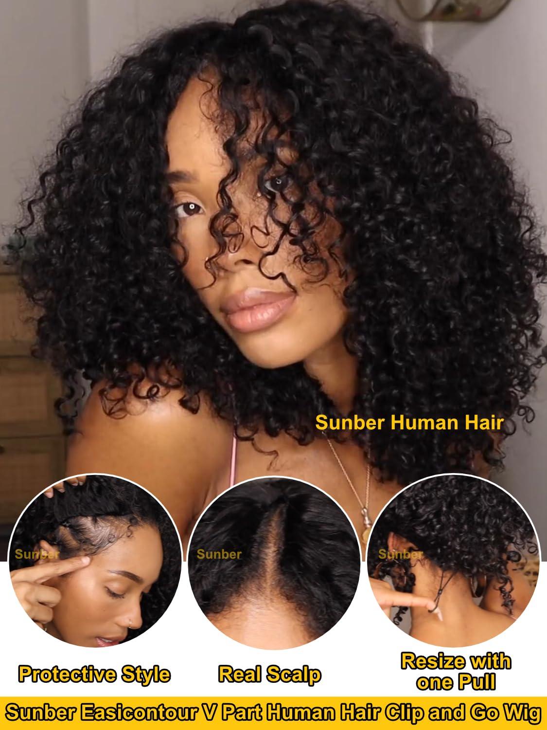 Sunber Sunber EasiContour V Part Wigs Human Hair Kinky Curly Upgrade Glueless U Part Human Hair Wig V Part Kinky Curly No Leave Out No Gel Beginner Friendly Clip in Vpart Wig 150% Density 14Inch