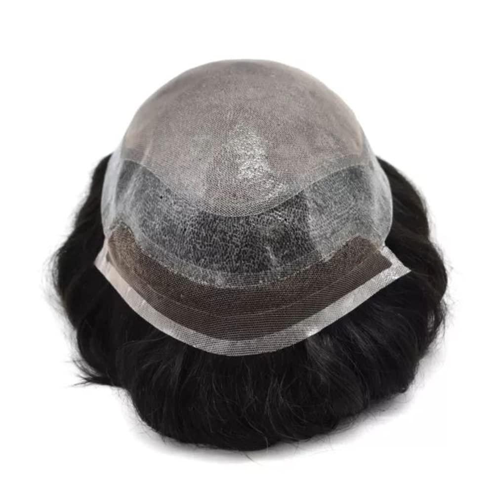 Generic Toupee For Men Hair System Mens Toupee Human Hair Swiss Lace Hair Piece Mens Hair Replacement System Injected PU Skin With Breathable Holes Covered With A Layer Of Lace On Top For Men Hair Unit Black Grey 8\'\'*10\'\' (8\'\'*10\'\', #350 3# DARK BROW