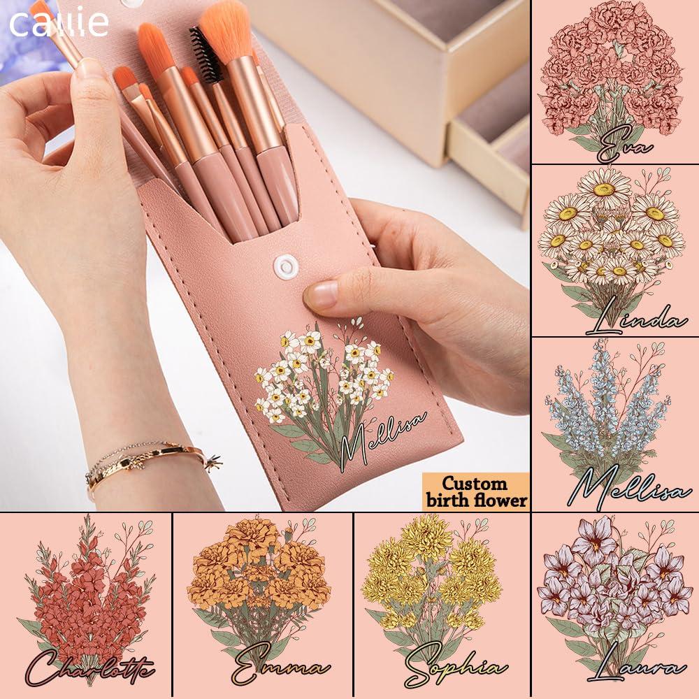 callie callie Personalized Makeup Brush Set, Custom Birth Flower Travel Cosmetic Makeup Brush Set with Bag Holder Case, Birthday Gift for Women (8 Brushes)