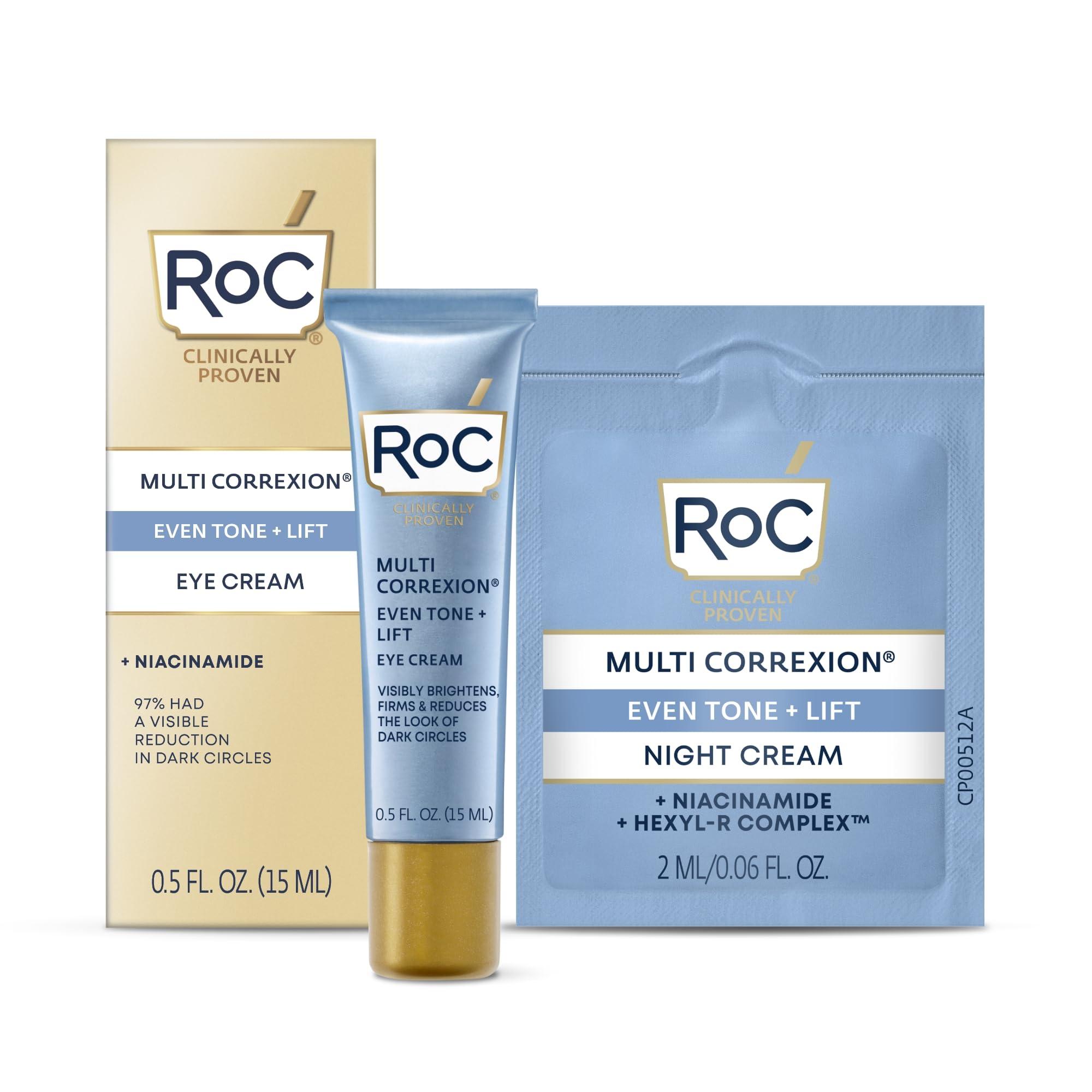 RoC RoC Multi Correxion 5 in 1 Anti-Aging Eye Cream for Puffiness, Under Eye Bags & Dark Circles, Skin Care Treatment with Shea Butter, (.5 oz) with Night Cream Packette (Packaging May Vary)