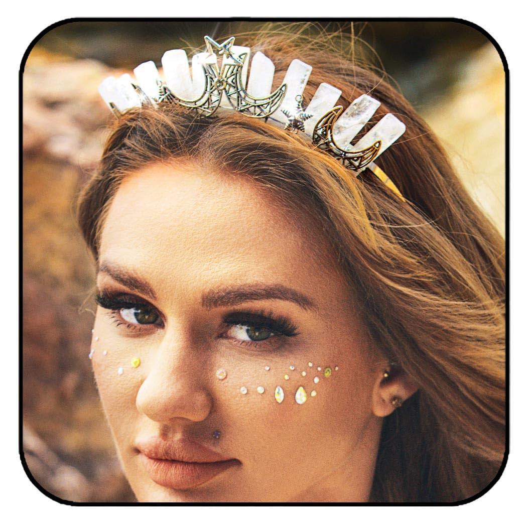 Formery Formery Star White Quartz Headband Silver Crescent Moon Natural Stone Crown Hairband Halloween Cosplay Wedding Crystal Tiara Headpiece for Women