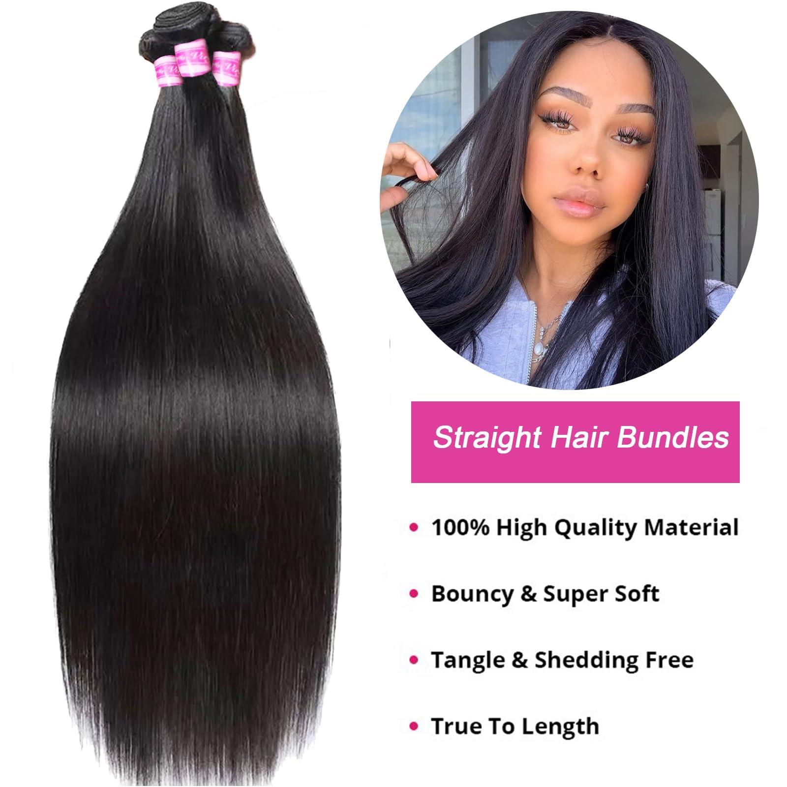 PINJUOO Pinjuoo Peruvian Hair Bundles 14 16 18 20 Inch 4 Straight Bundles Human Hair 100% Unprocessed Raw Virgin Hair Bundles Weave Natural Black Bundles Human Hair Extensions for Women