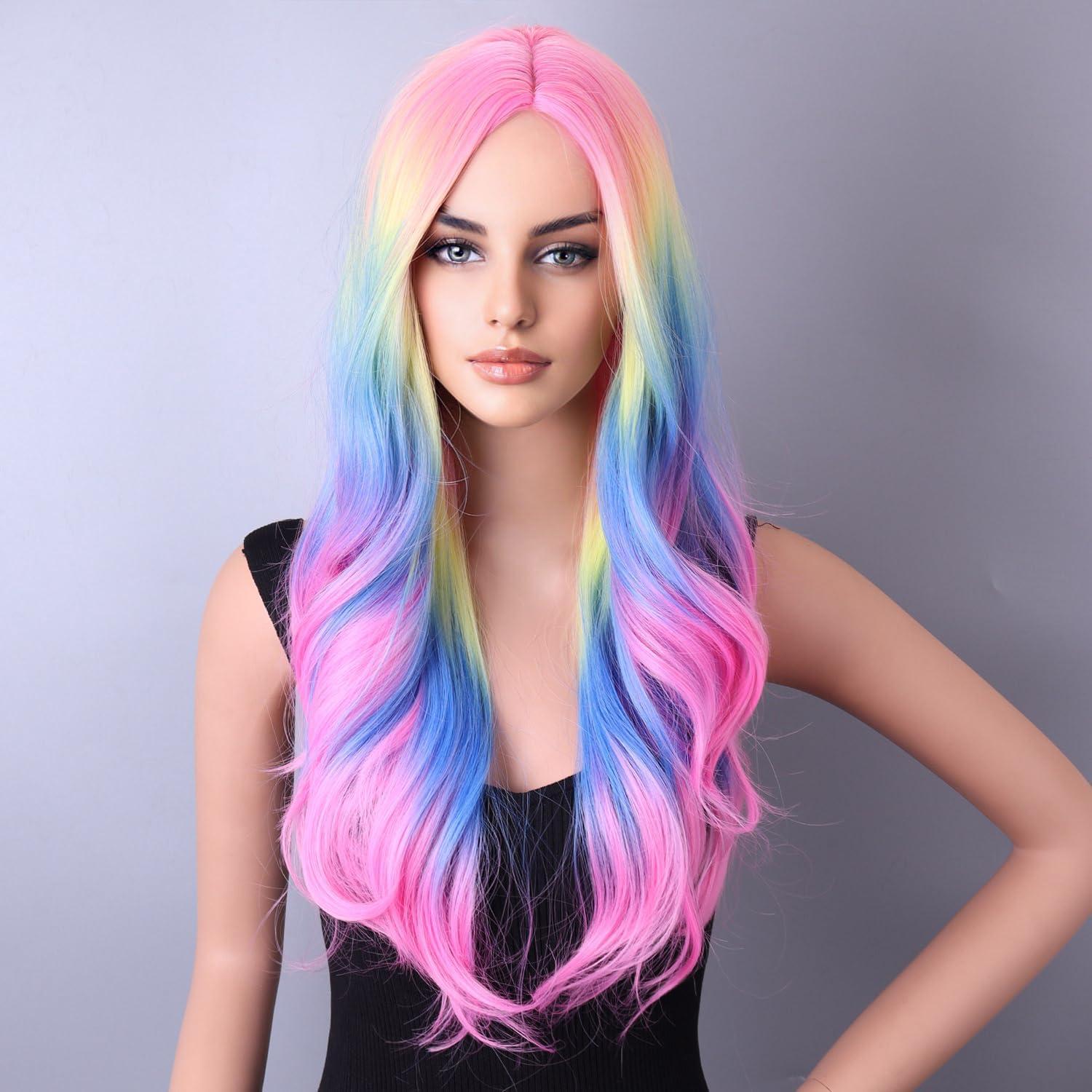 BERON BERON Rainbow Wig Long Wave Wig Colorful Wigs Long Wigs Multi Color Wigs for Women Synthetic Wig for Daily Party Wig Cap Include