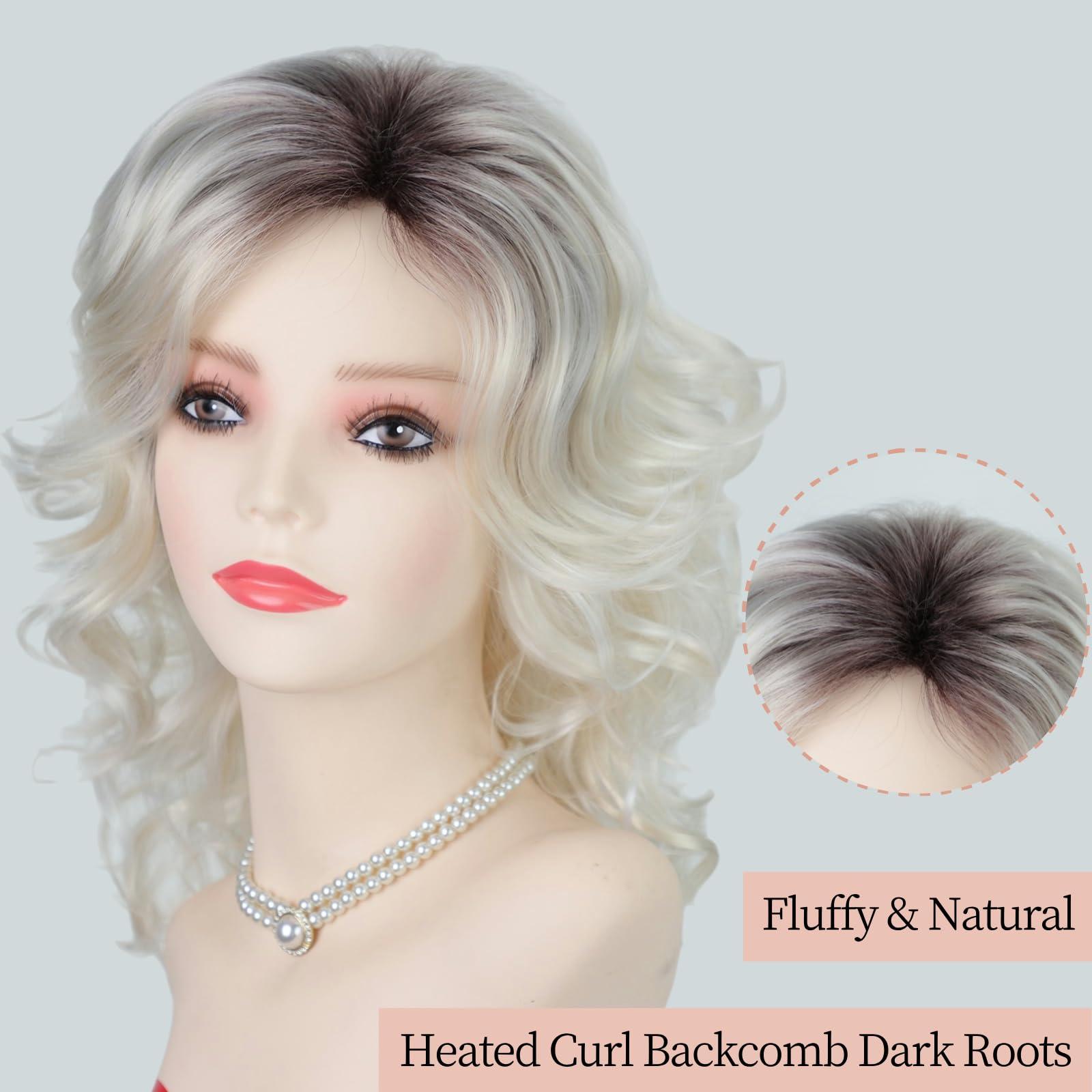 RENERSHOW RENERSHOW Medium Platinum Blonde Curly Wigs for White Women Ombre Blonde Wavy Wig Side Part Synthetic Hair Replacement Wig