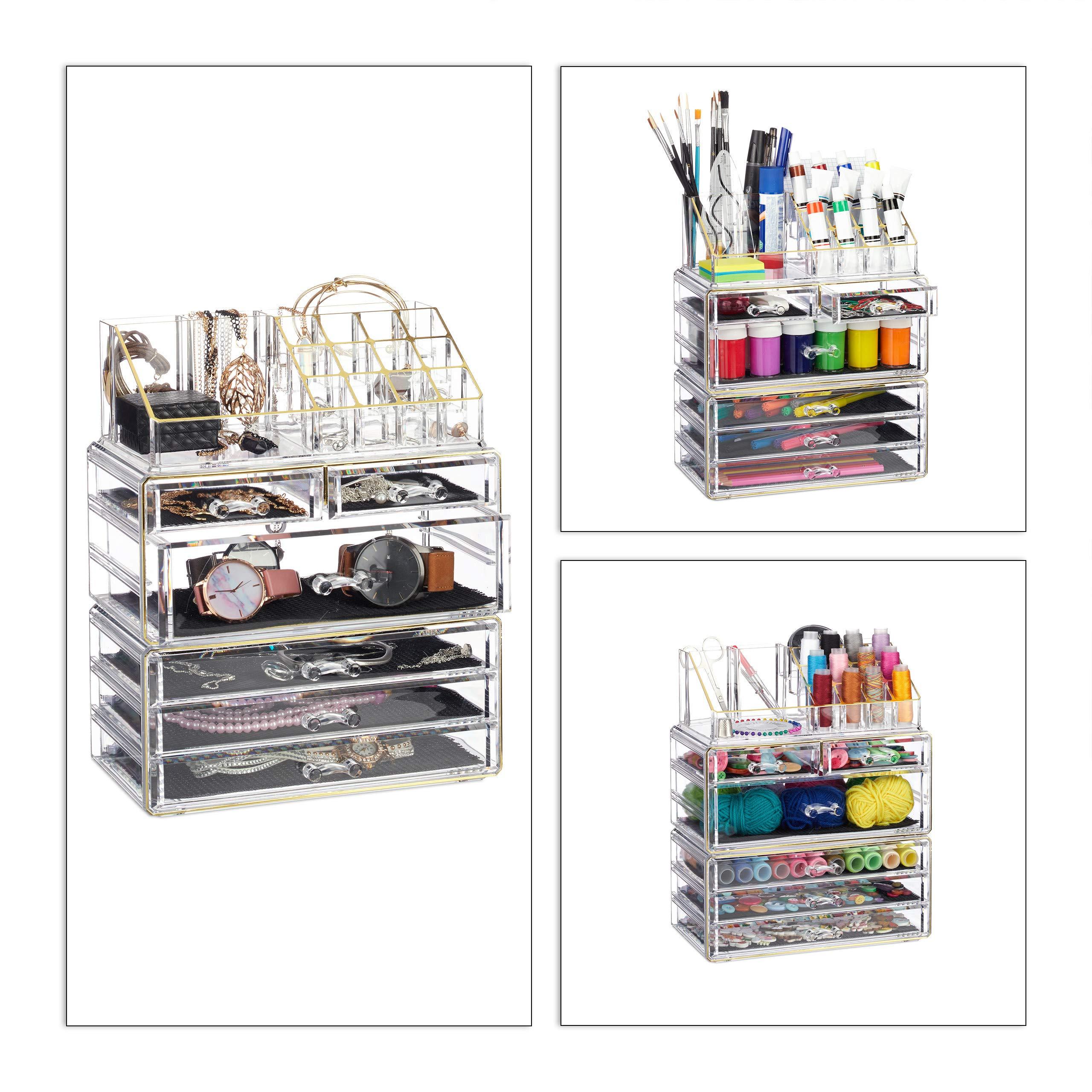 Relaxdays Relaxdays Organiser with 6 Drawers, 22 Compartments for Makeup Storage, Acrylic Cosmetic Tower, Transparent/Golden