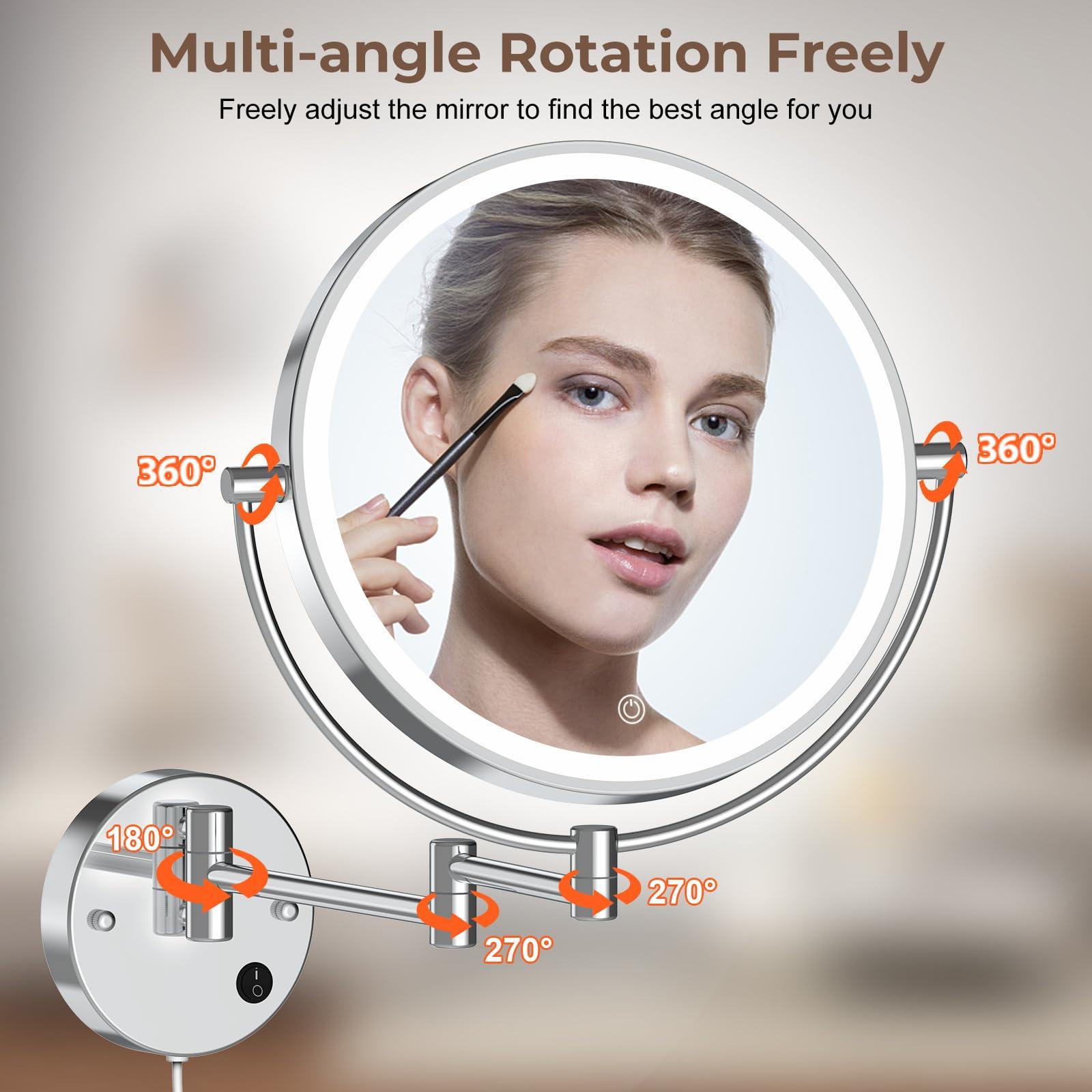 Rocollos Rocollos 9\" Plug-in Wall Mounted Lighted Makeup Mirror 1X/10X Magnification, Super Large Double Sided LED Vanity Mirror for Bathroom, 3 Color Dimmable 360Swivel Extendable Shaving Cosmetic Mirror