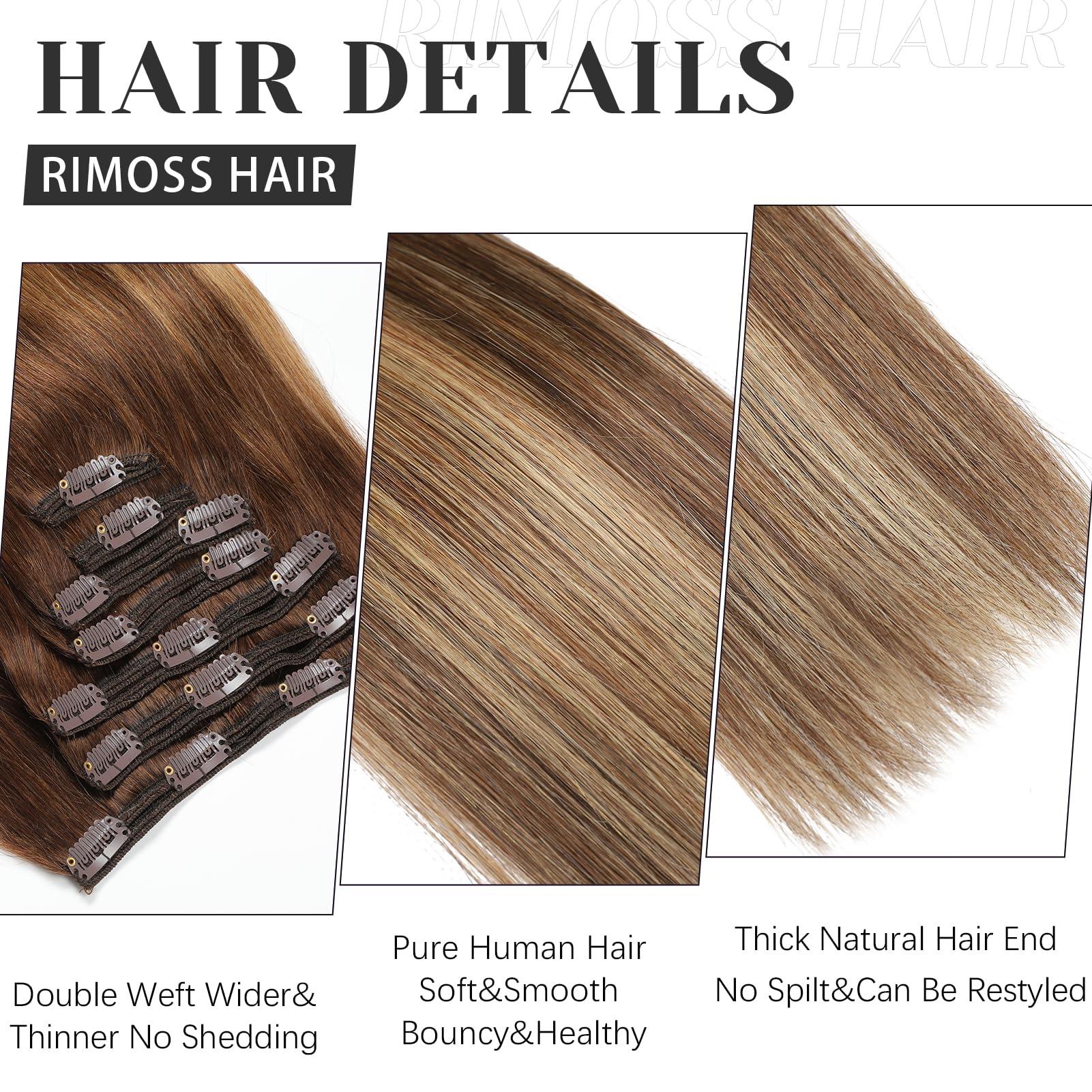 Rimoss Clip in Hair Extensions Real Human Hair Rimoss 160g Premium 20 Inch 7pcs Ombre Chocolate Brown to Caramel Blonde Balayage Remy Human Hair Clip ins Extensions Straight for Women (20 Inch)
