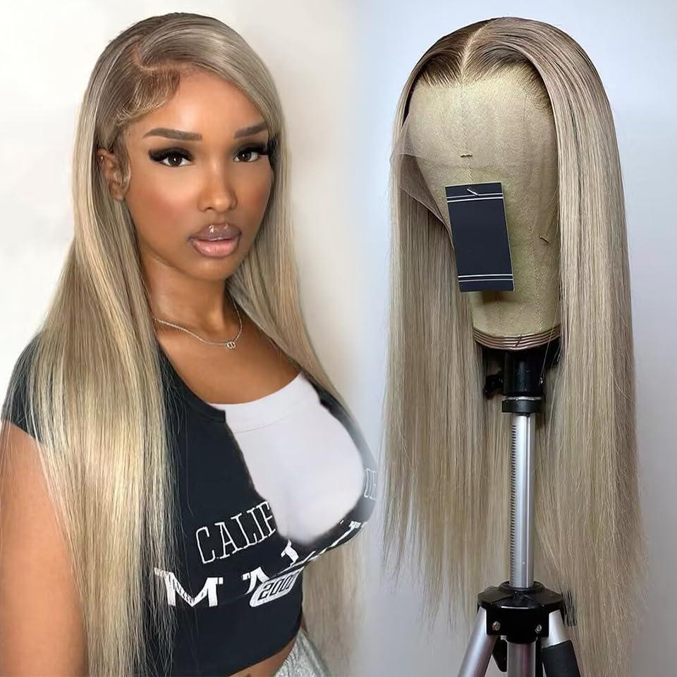 koinu Ash Blonde Wig Human Hair 13x4 Transparent Lace Front Wigs Human Hair 200% Density Ash Blonde Straight Lace Front Wigs for Black Women Pre Plucked Dark Brown Roots Human Hair Wig Pre Plucked 30 Inch