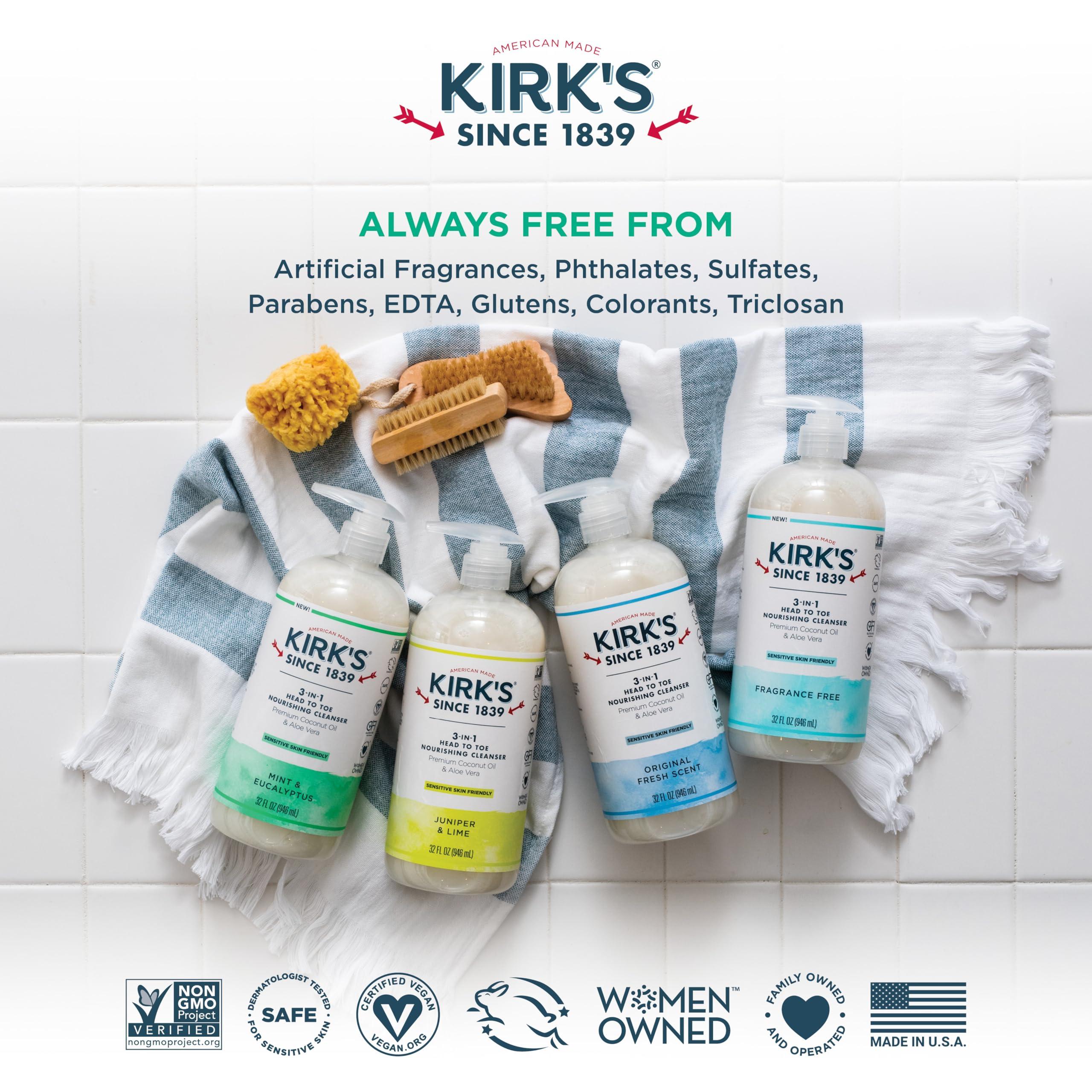 Kirk's Kirk\'s 3-in-1 Head to Toe Nourishing Liquid Cleanser & Travel Size Bar Soap - for Men, Women & Children - Premium Coconut Oil & Aloe Vera- Non GMO & Vegan -Mint & Eucalyptus - 32 Fl Oz