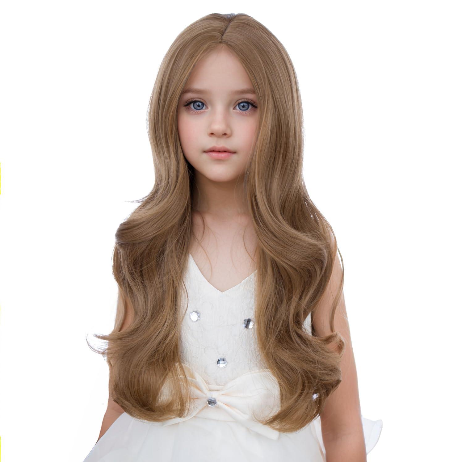 PATTNIUM PATTNIUM Kids Child Brown Wig Long Curly Wavy Ginger Wig for Girls Middle Part Shoulder Length Synthetic Wig with Wig Cap