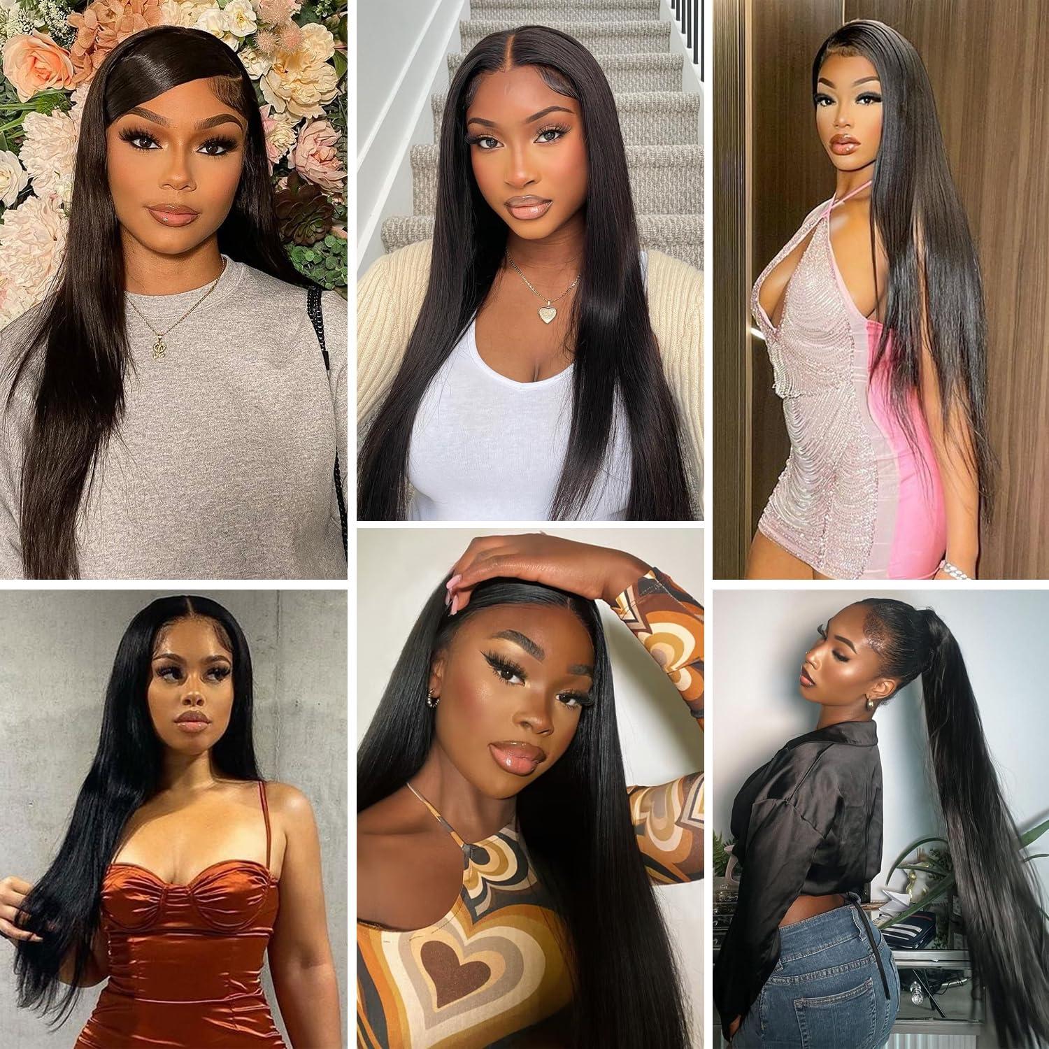Sufeiya Hair Straight Human Hair Bundles With Closure For Black Women (24 26 28+20) Brazilian Human Hair Bundles With 4x4 Lace Closure Free Part 100% Unprocessed Weave 3 Bundles with Swiss Lace Closure