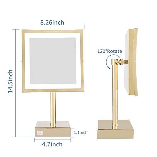 DOWRY DOWRY Tabletop LED Lighted 5X Magnifying Makeup Mirror Square with Plug 8 Inch Polished Gold Finished