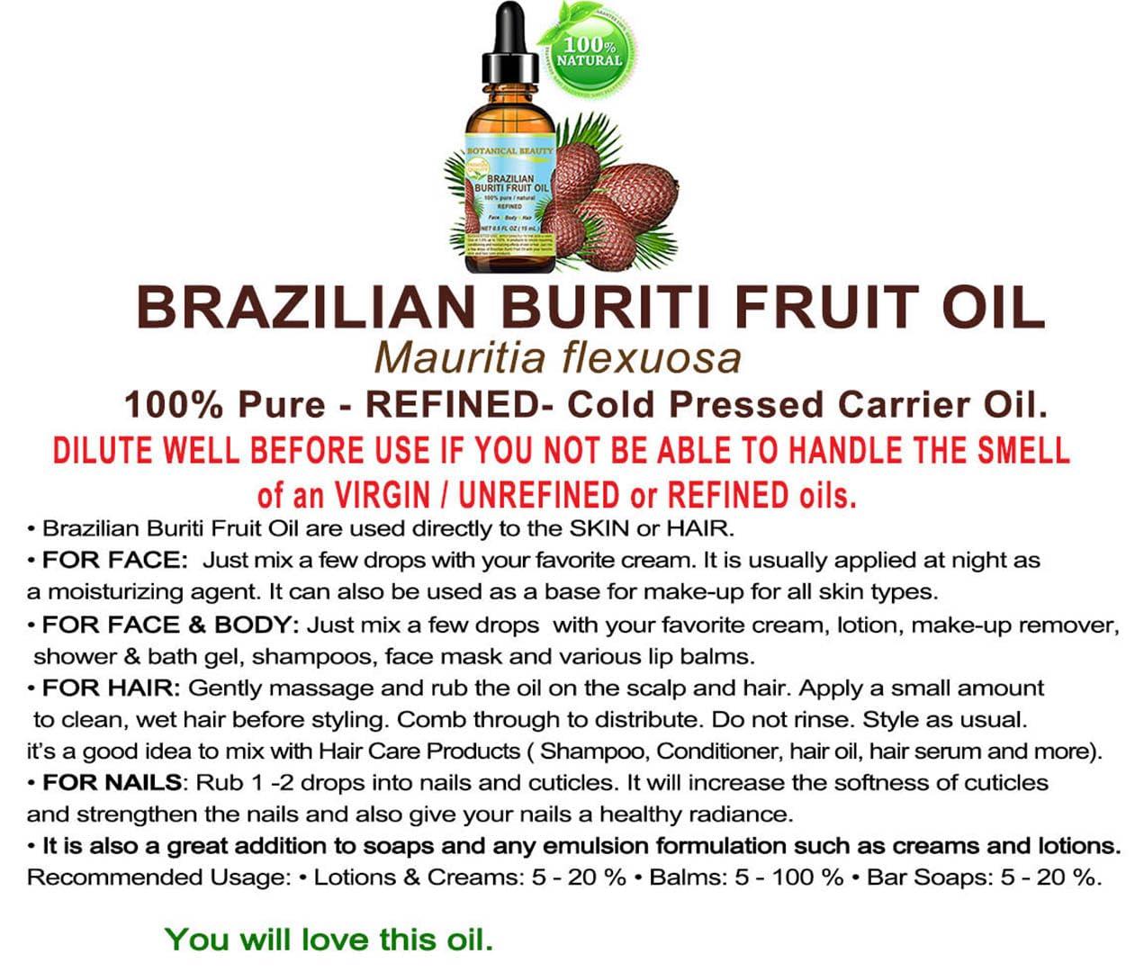 Botanical Beauty Brazilian BURITI FRUIT OIL Pure Natural Virgin Refined Cold Pressed Carrier Oil Undiluted 1 fl.oz- 30 ml for Face, Body, Hair, Lip and Nails by Botanical Beauty