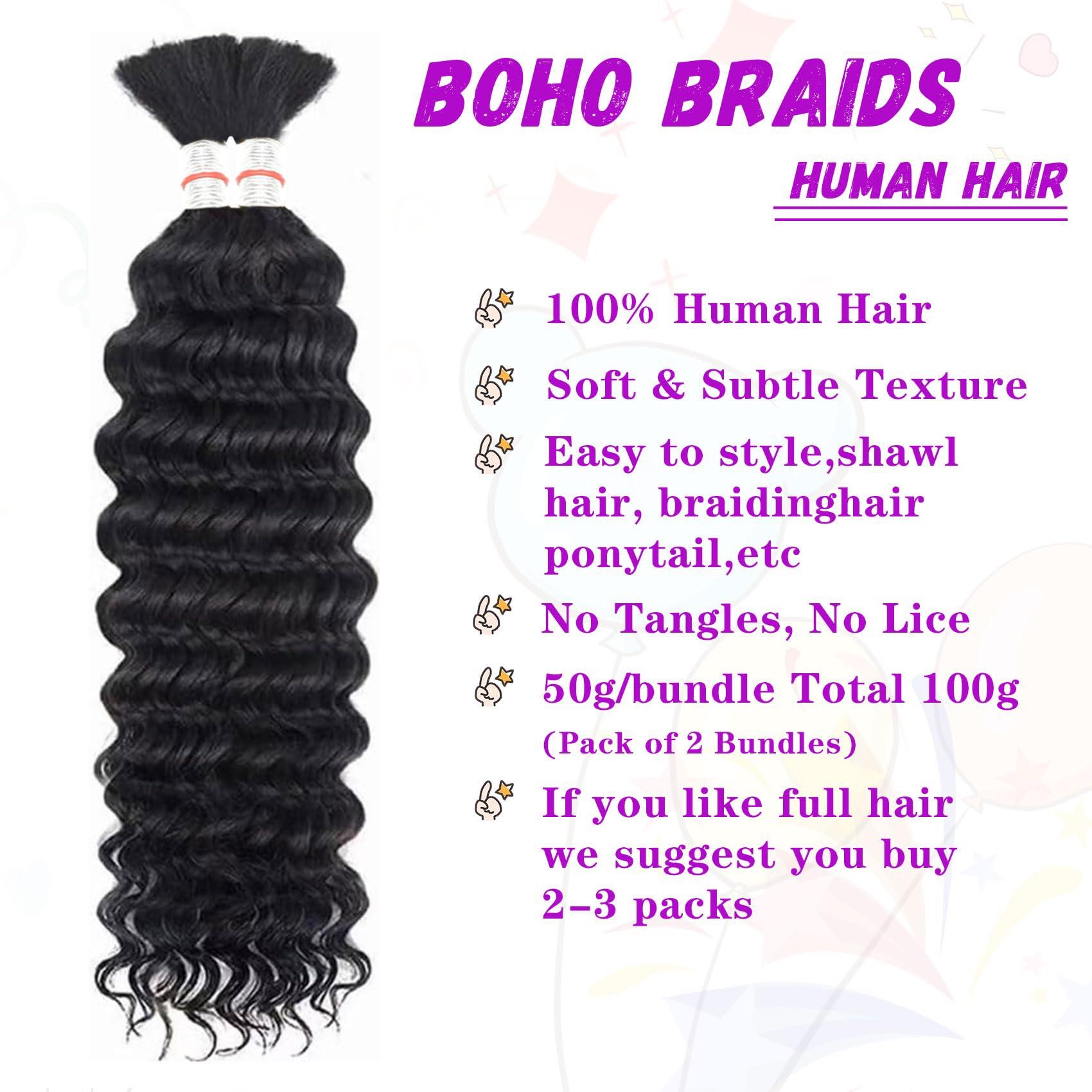 Forevermore Human Braiding Hair Deep Wave Bulk Human Hair For Braiding No Weft Wet And Wavy Human Hair Braiding Hair Extensions For Boho Braids 2 Bundles Per Pack 100g (22inch, Natural Black)