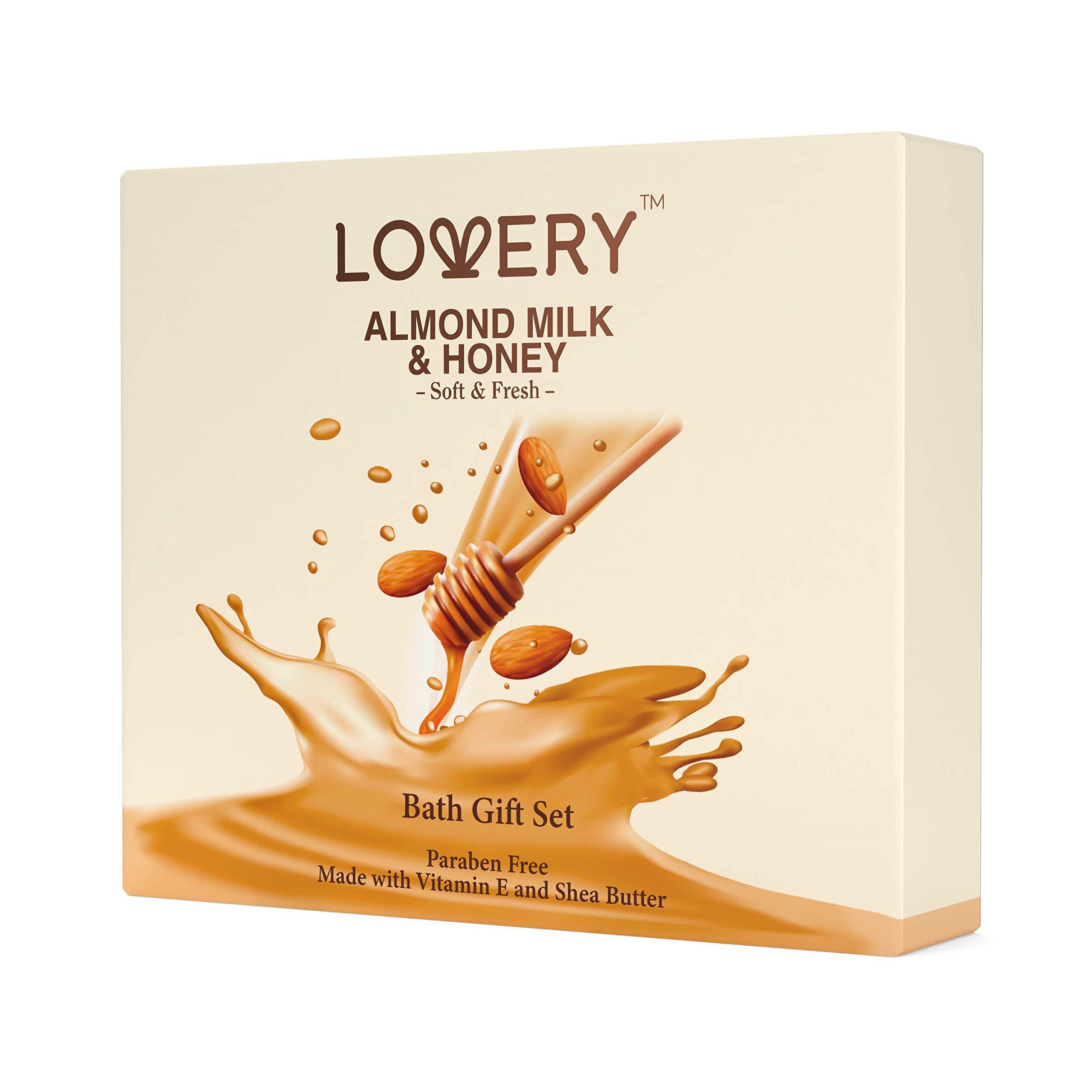 LOVERY Valentines Bath Gift Set, Almond Milk & Honey Spa Kit, Shower Gel, Bath Bomb, Bubble Bath, Body Scrub, Salts, Body Butter, Jojoba Oil & Handmade Oatmeal Soap, Birthday & Holiday Gifts for Women & Men