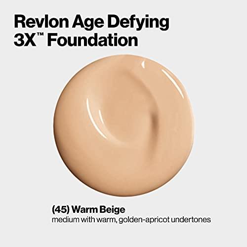 REVLON Revlon Age Defying 3X Makeup Foundation, Firming, Lifting and Anti-Aging Medium, Buildable Coverage with Natural Finish SPF 20, 045 Warm Beige, 1 fl oz