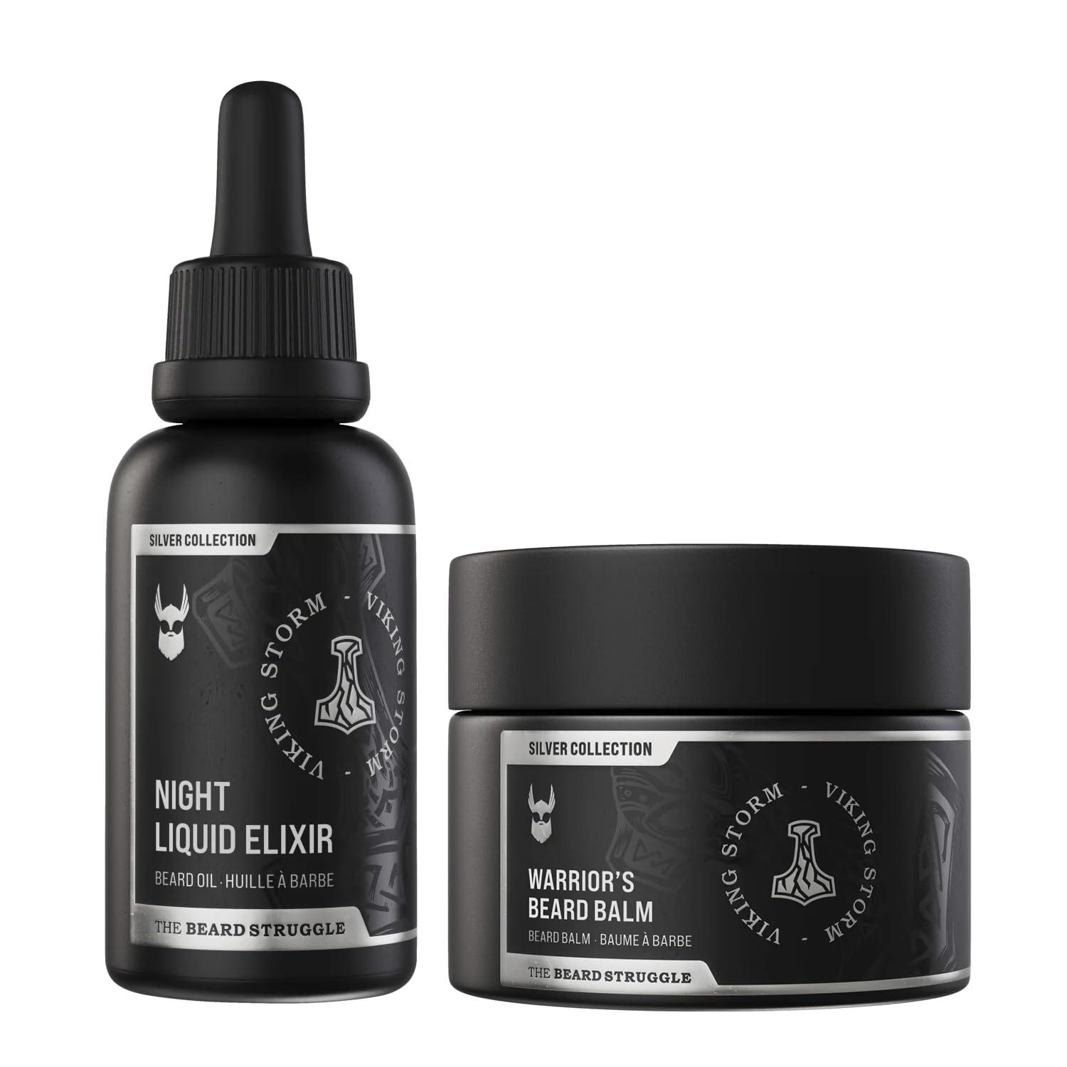 The Beard Struggle The Beard Struggle Warriors Beard Balm & Night Liquid Elixir Beard Oil Bundle Moisturizing, & Healthier Beard Growth - Silver Collection - Viking Storm