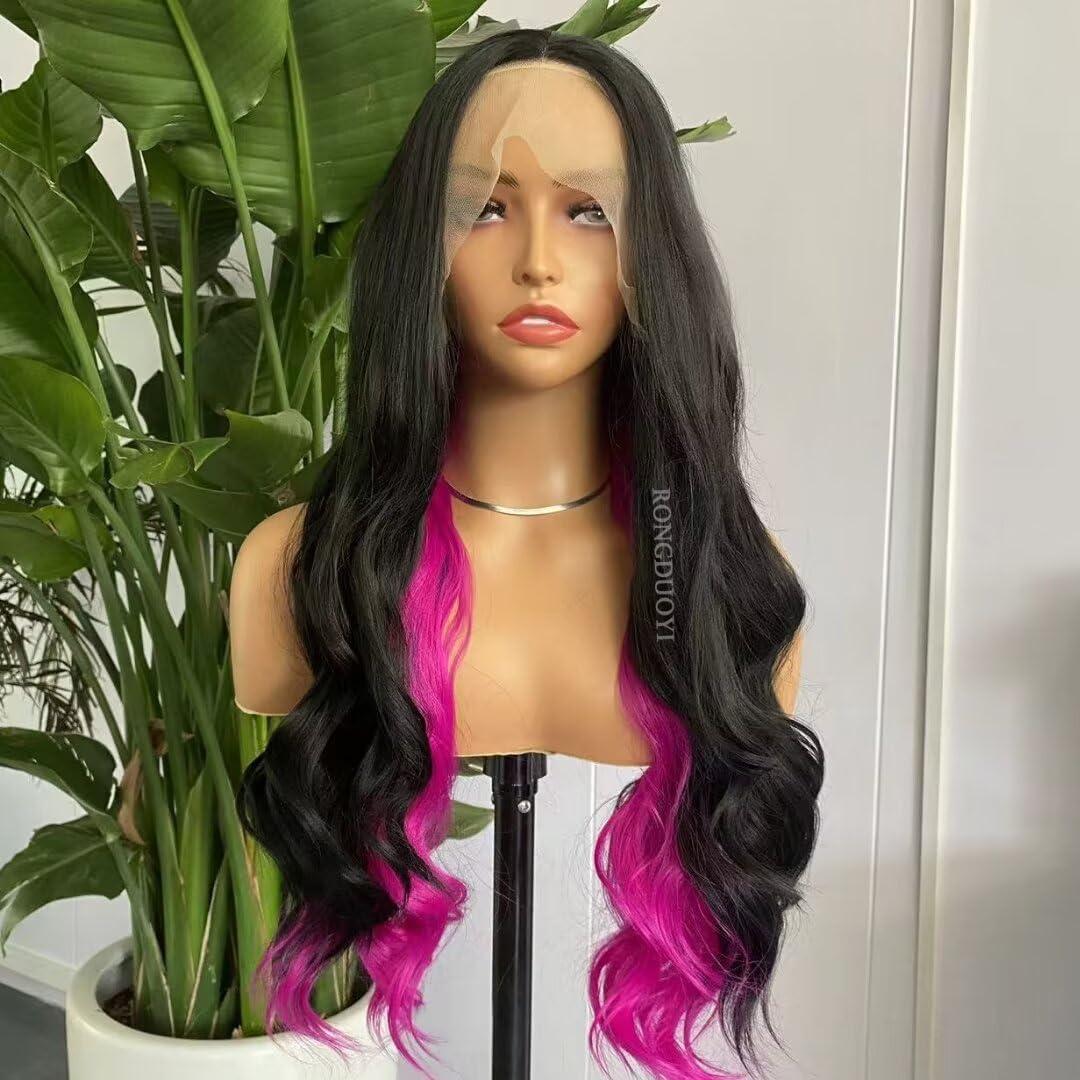 RONGDUOYI Half Black Half Pink Lace Front Wigs for Women Long Body Wave Synthetic Hair Glueless Natural Hairline Daily Use Hot Pink Highlights Cosplay Wig
