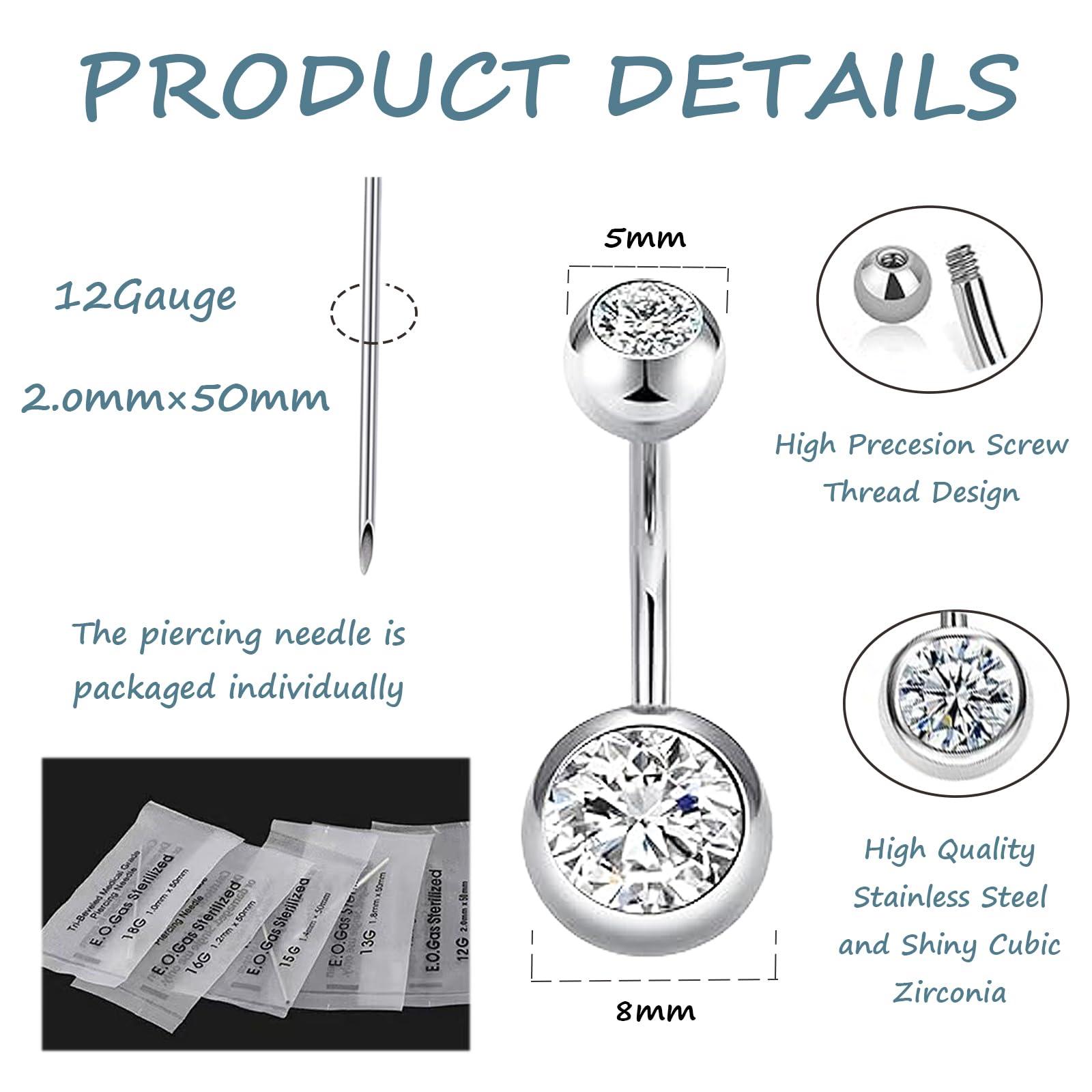 orilace orilace Belly Button Piercing Kit, 12g Piercing Needle Kit Stainless Steel Belly Button Rings Piercing Clamp At Home Piercing Tool Navel Piercing Kit (G+S-Ball)