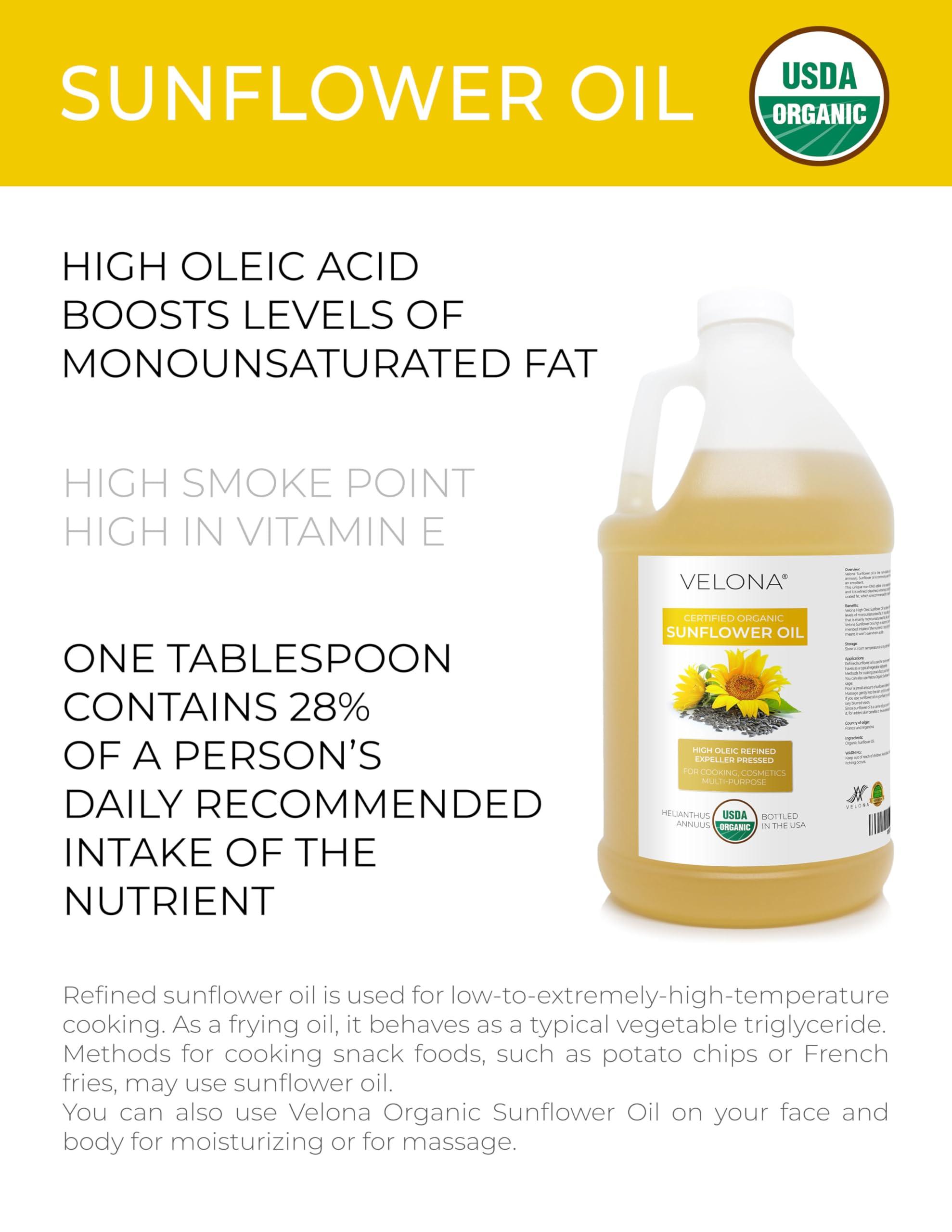 velona velona USDA Certified Organic Sunflower Oil - 64 Fl Oz | 100% Pure and Natural Carrier Oil | High Oleic, Refined, Expeller Pressed | Cooking, Skin, Hair, Body & Face Moisturizing