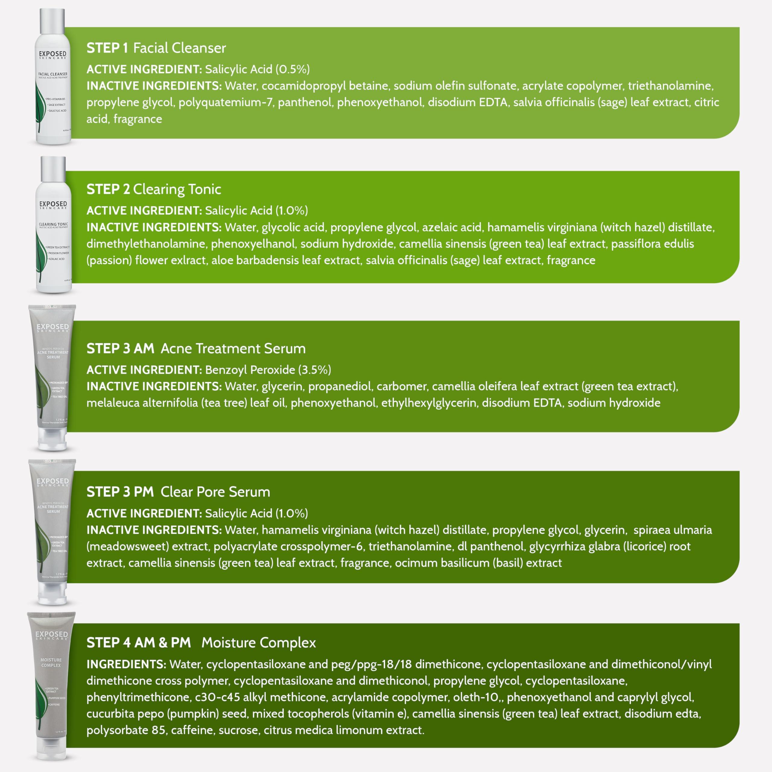 Exposed Skin Care Exposed Skin Care Expanded Acne Treatment Kit - Includes Salicylic Acid Face Wash, Clearing Tonic, Treatment Serum with Benzoyl Peroxide, Clear Pore Serum, Moisture Complex - Made for All Skin Types