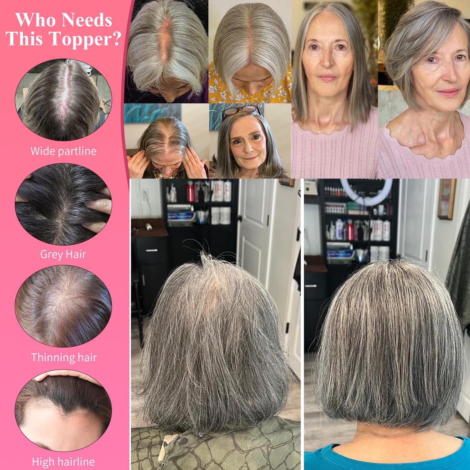 Uaismewow Uaismewow Hair Toppers for Women Gray Hair Toppers for Women 100% Remy Human Hair Grey Hair Toppers for Women with Thinning Hair Clip in Hair Toppers Short Hair Pieces for Women Real Hair Toppers Grey