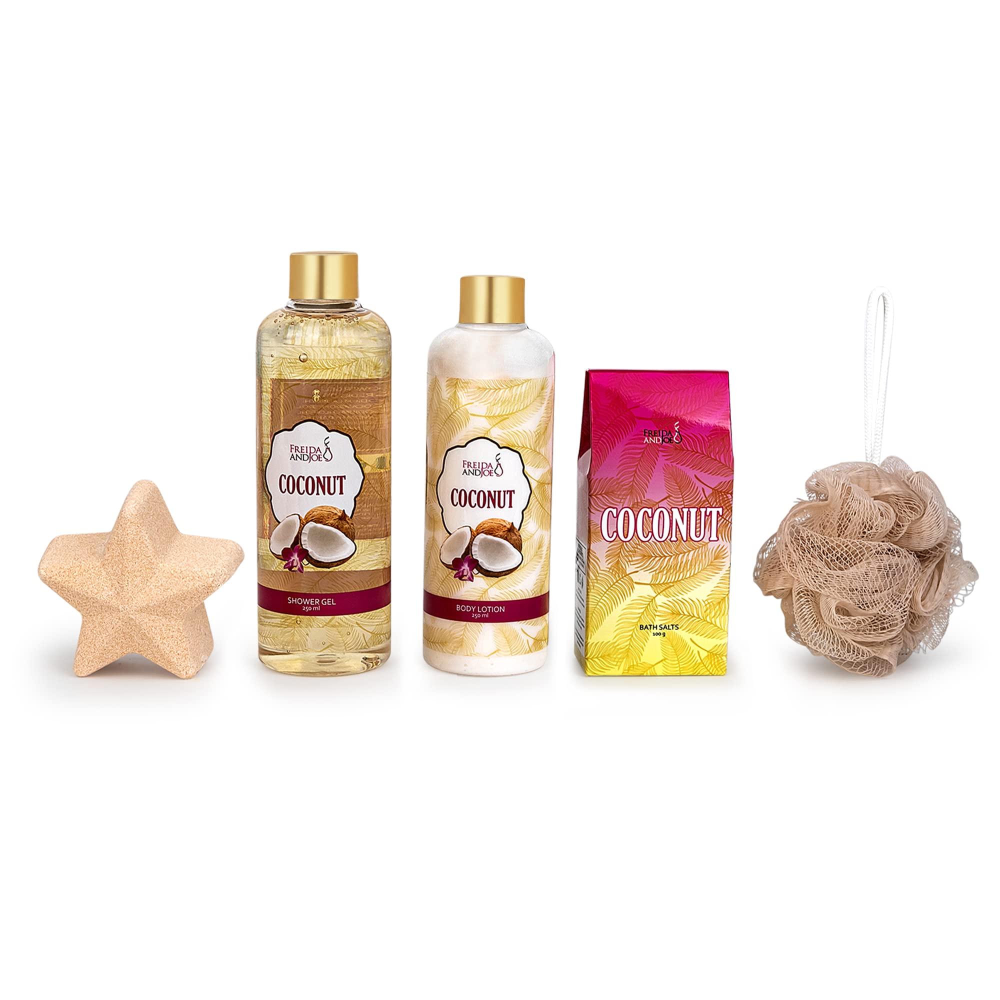 Freida and Joe Freida & Joe Spa Bath and Body Gift Basket for Women- Coconut Bath shower, Coconut Scent Body Skincare Collection Gifts for Mom, Wife, Girlfriend Valentines Gift for Women