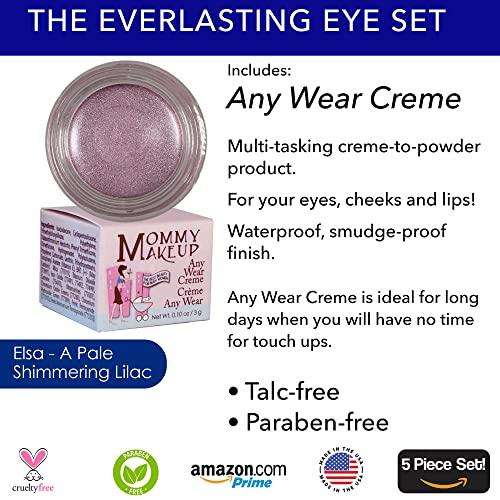 Mommy Makeup The Everlasting Eye 5 Piece Waterproof Makeup Set. Gel Eyeliner, Creme Eyeshadow, 2 brushes and Mesh Bag. Paraben-free, Talc-free, Cruelty-free. Elsa/Blue Angel 1112