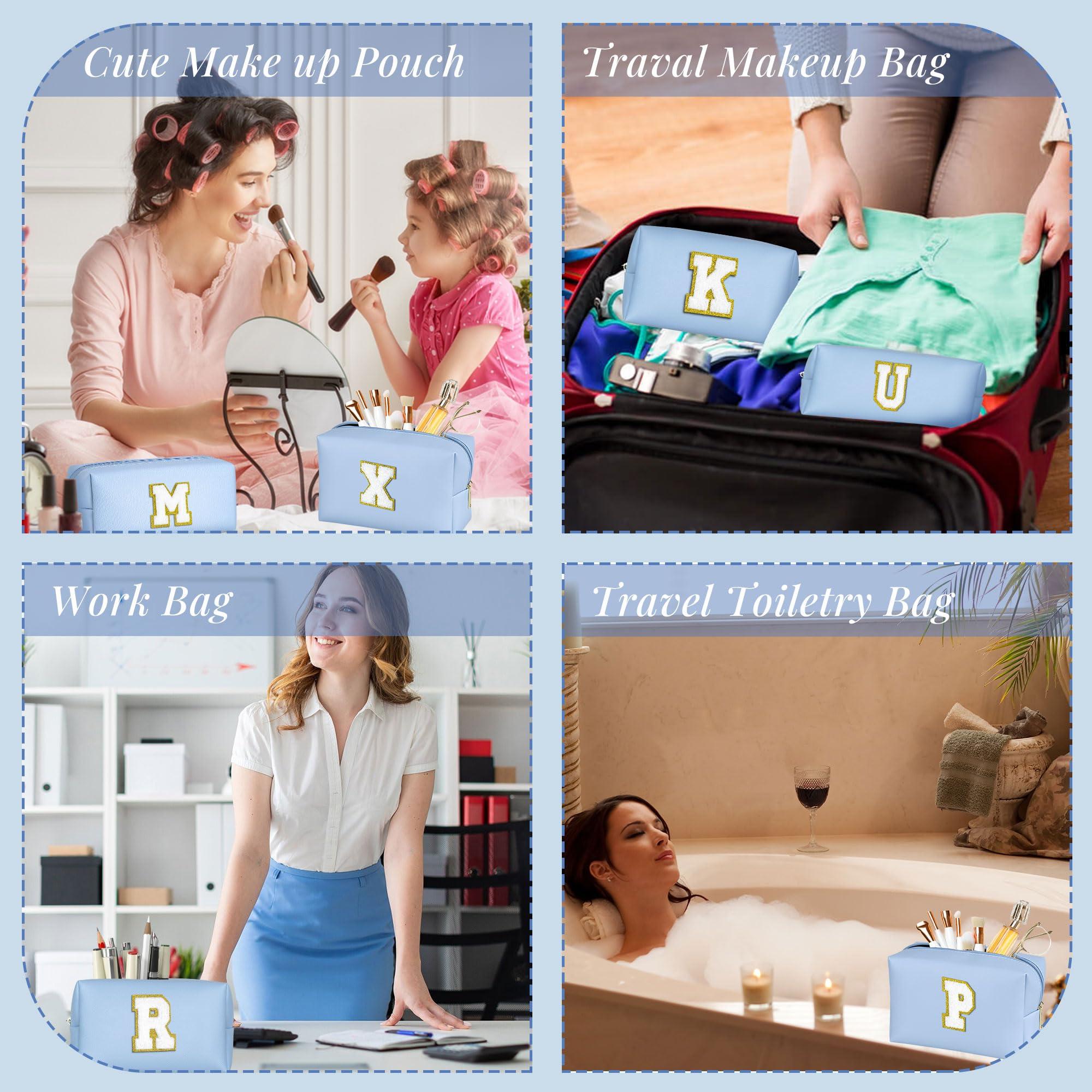 TOPEAST TOPEAST Personalized Gifts Make Up Bag, 2 PCS Monogram Cute Initial Makeup Bag PU Leather Chenille Letters Waterproof Travel Toiletry Bag Personalized Birthday Gifts For Women, Blue A